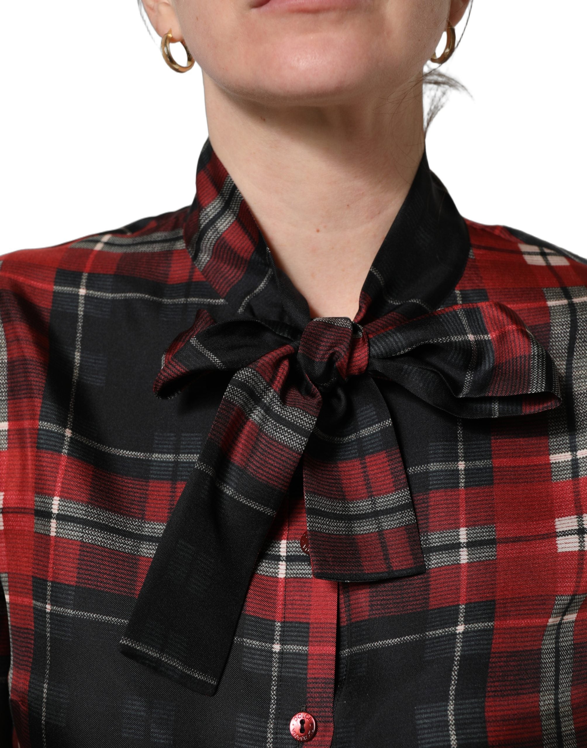 Dolce & Gabbana Red Black Plaid Silk Tie-Neck Blouse Top