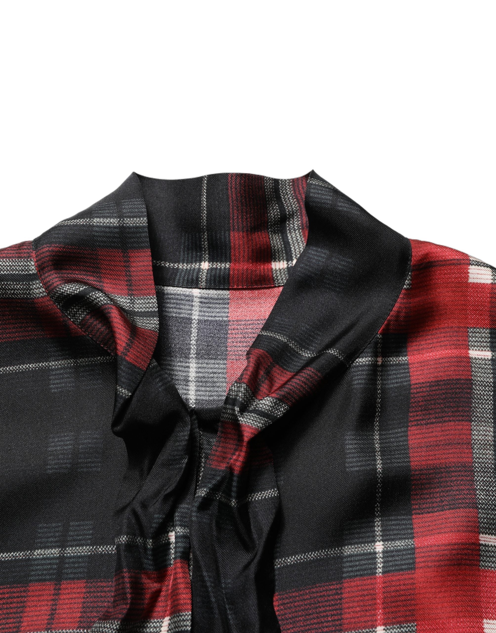 Dolce & Gabbana Red Black Plaid Silk Tie-Neck Blouse Top