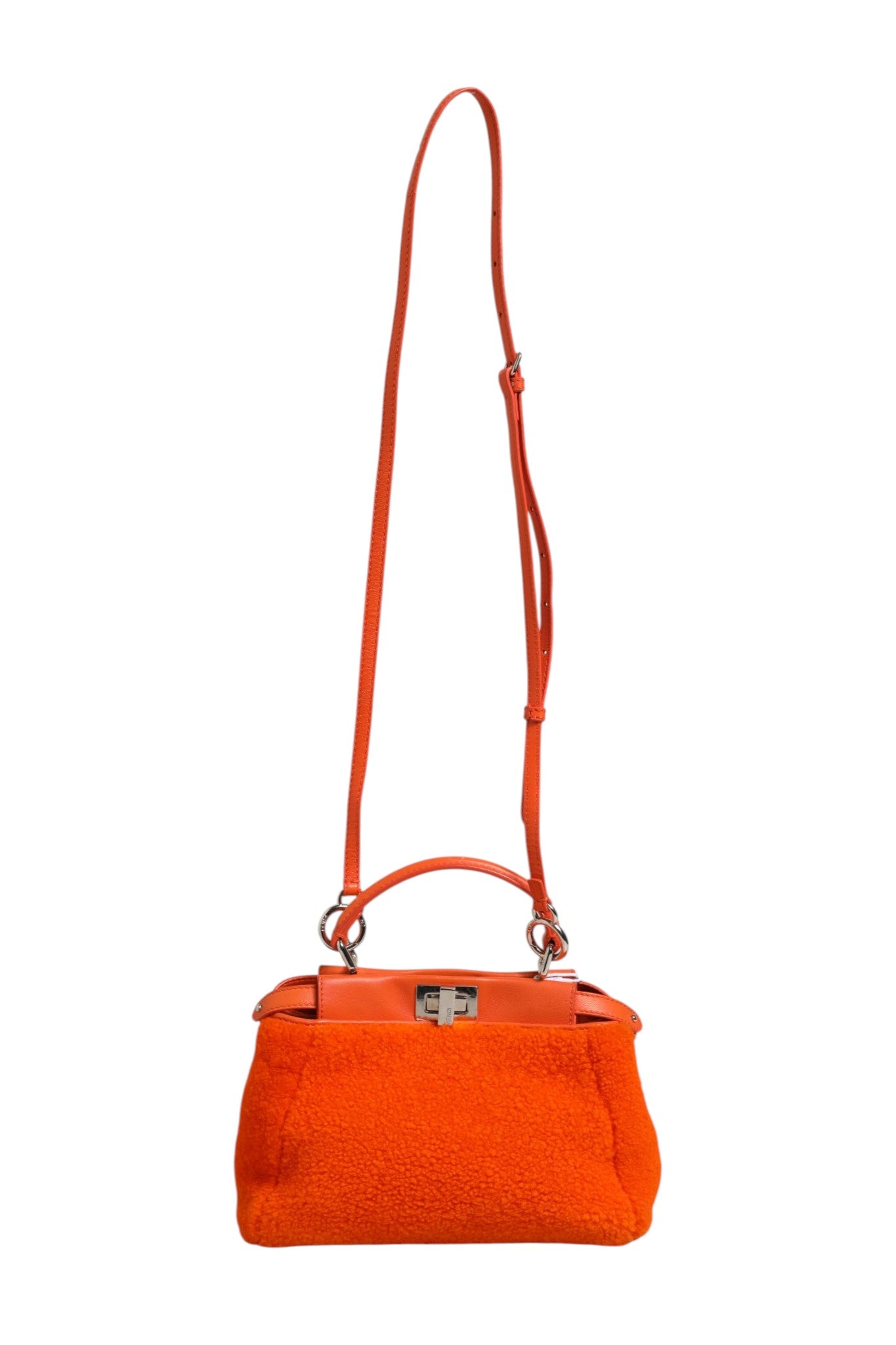 Fendi Orange Leather and Shearling Mini Peekaboo Top Handle Bag