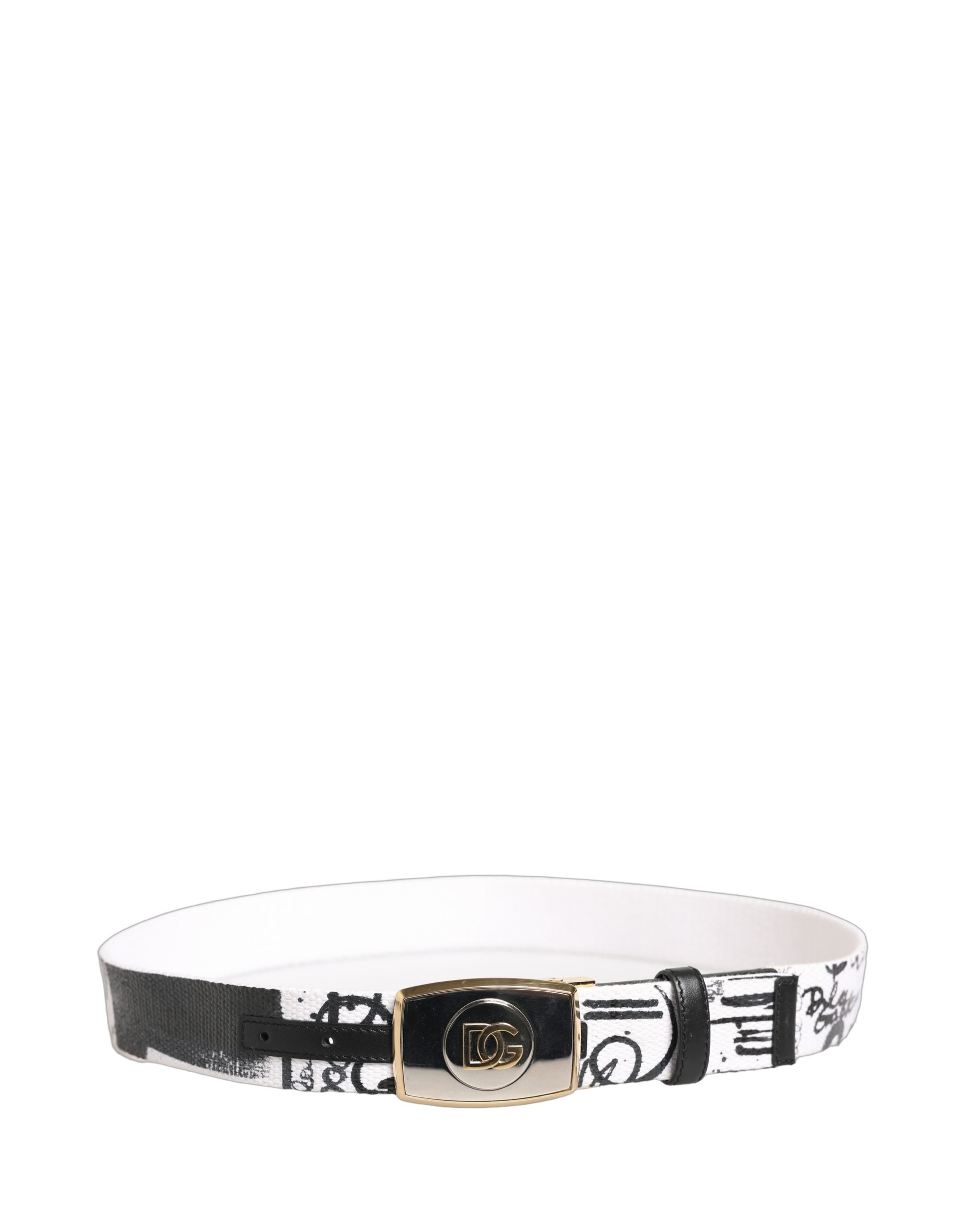 Dolce & Gabbana White Graffiti Print Gold Metal Buckle Belt