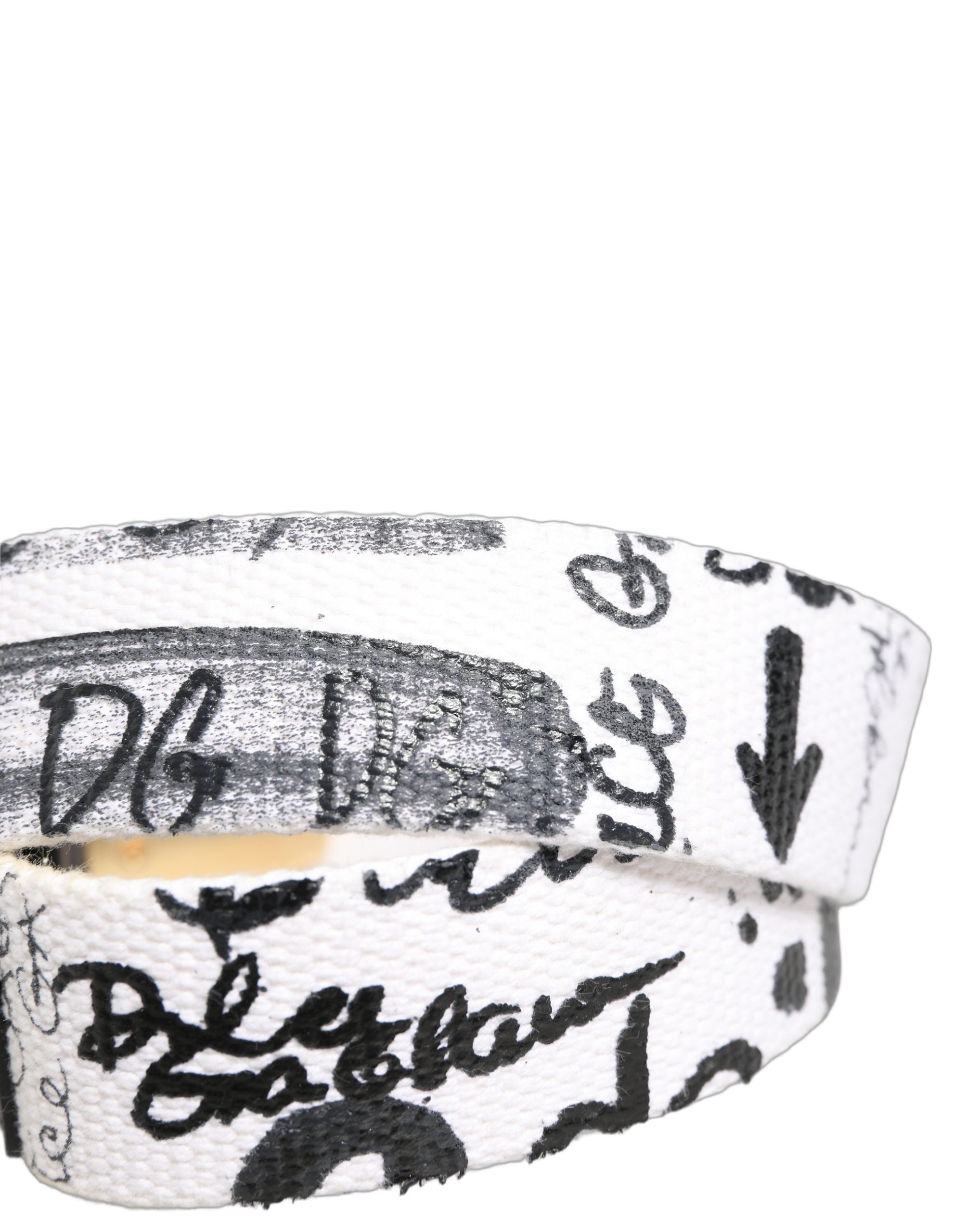 Dolce & Gabbana White Graffiti Print Gold Metal Buckle Belt