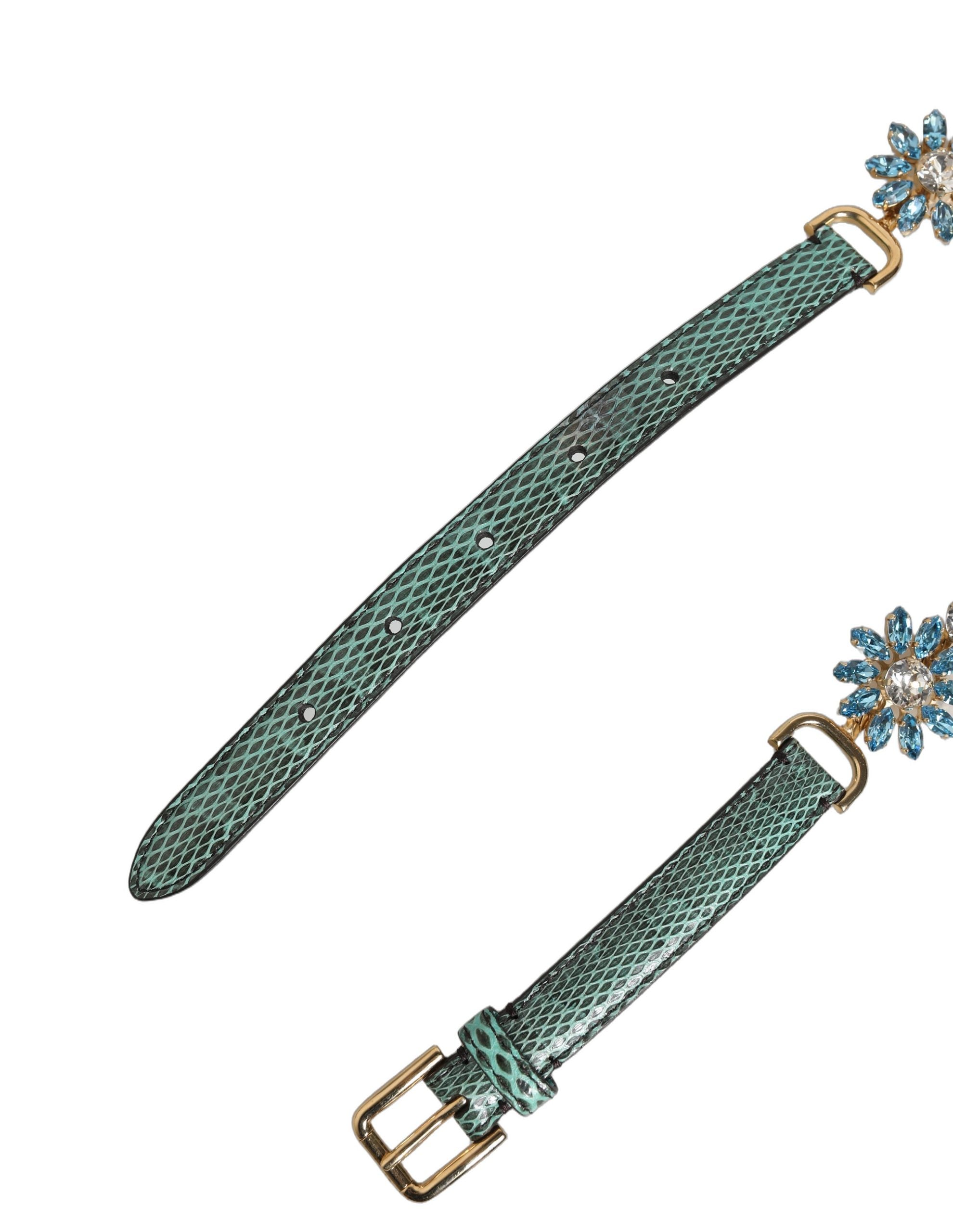 Dolce & Gabbana Green Leather Daisy Crystal Embellished Waist Belt