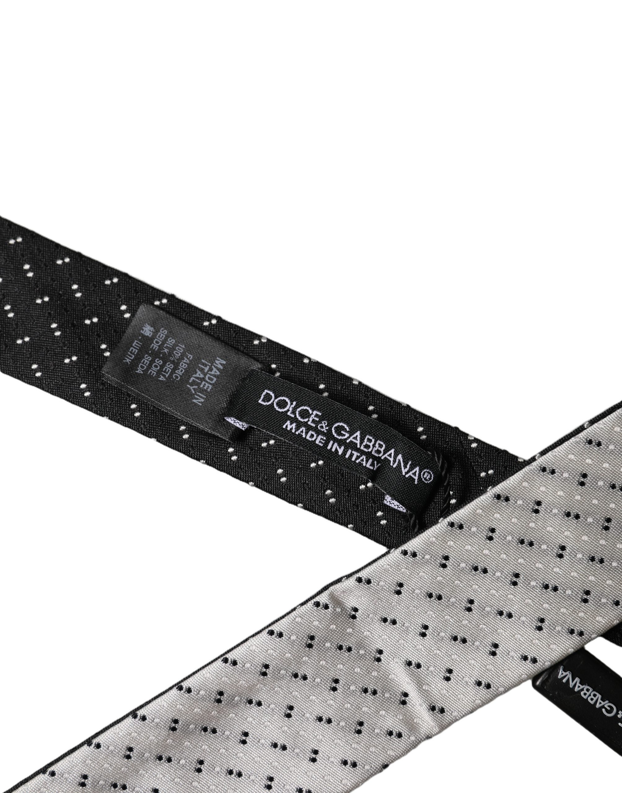 Dolce & Gabbana White Black Patterned Silk Adjustable Men Necktie Tie