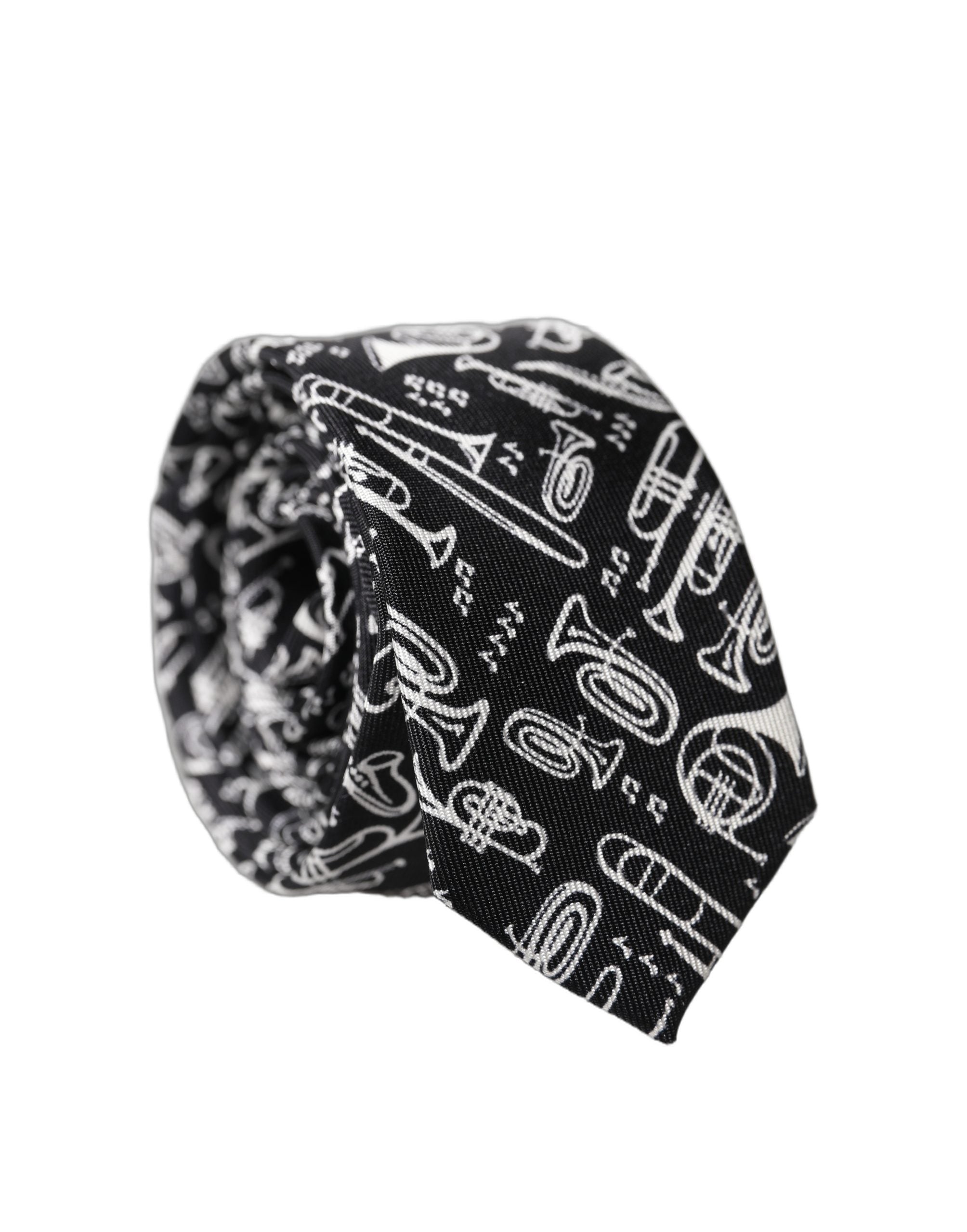 Dolce & Gabbana Black Trumpet Print Silk Adjustable Men Tied Necktie Tie