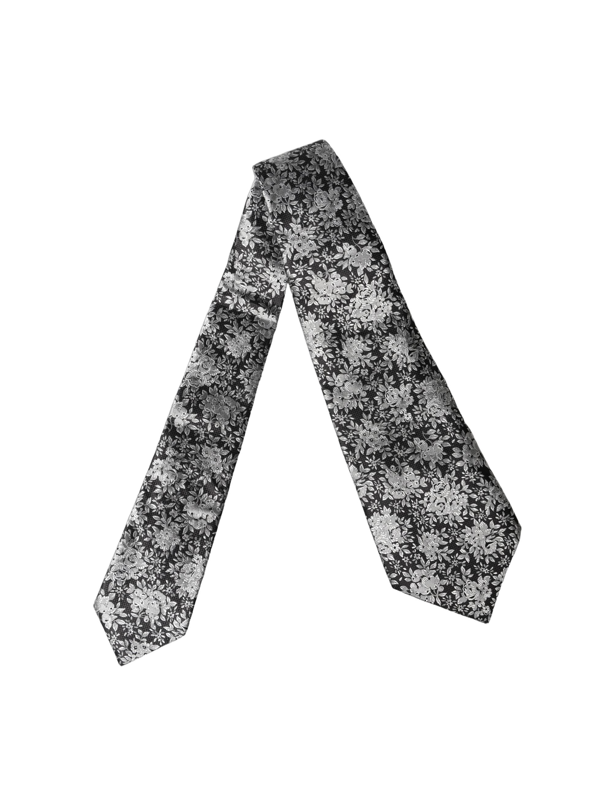 Dolce & Gabbana Black Silver Floral Silk Adjustable Women Necktie Tie