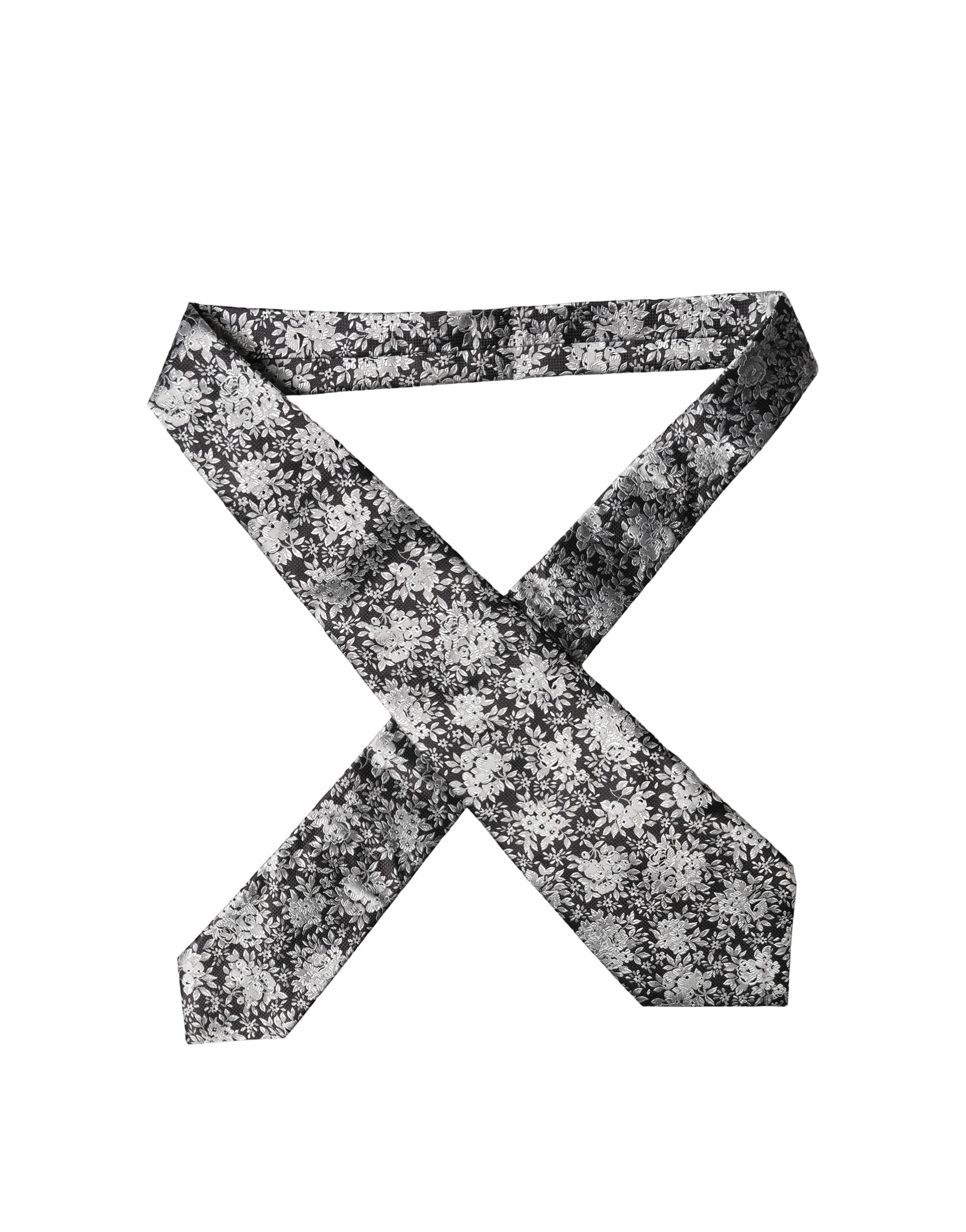 Dolce & Gabbana Black Silver Floral Silk Adjustable Women Necktie Tie