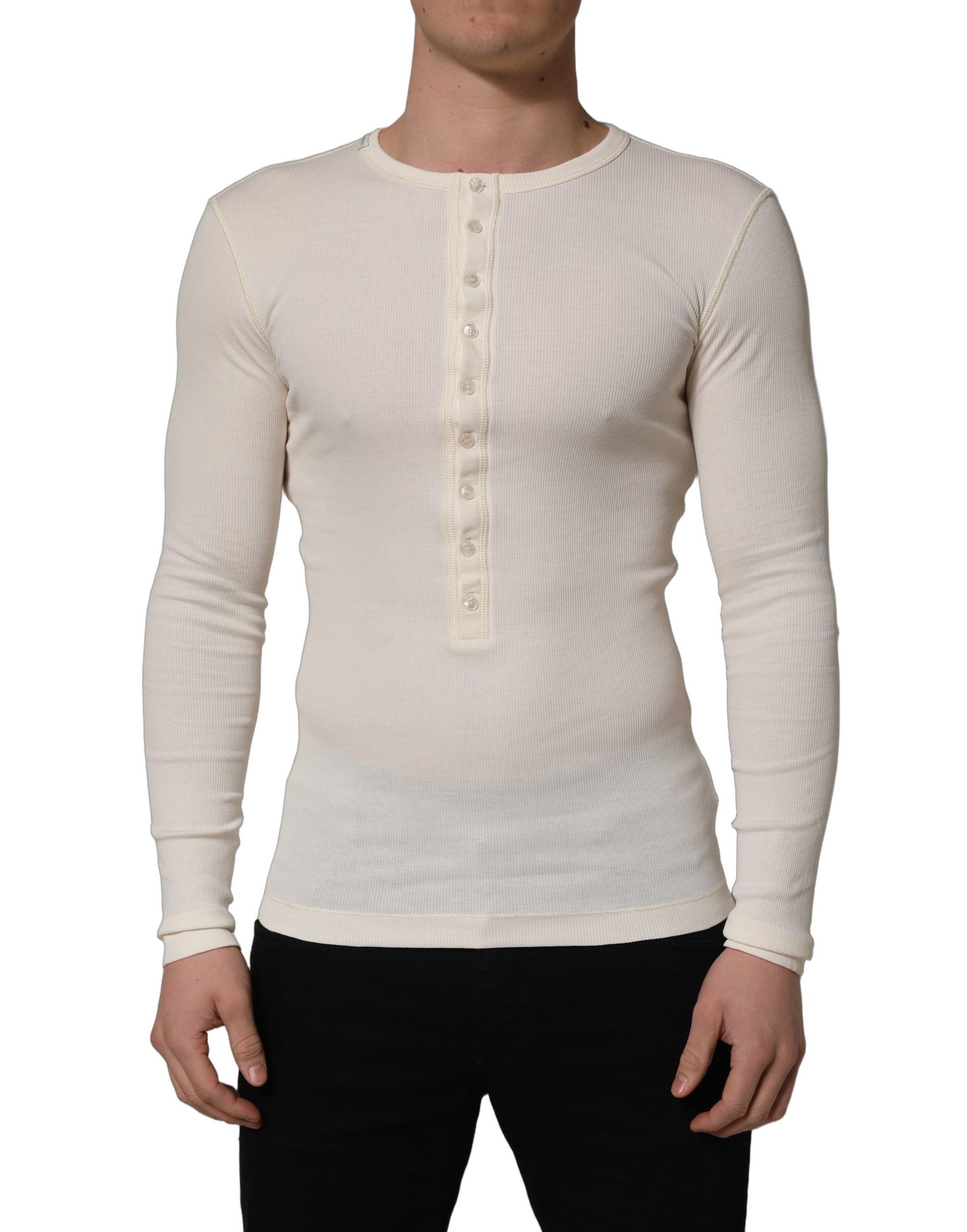 Dolce & Gabbana White Long Sleeves Henley Pullover Sweater