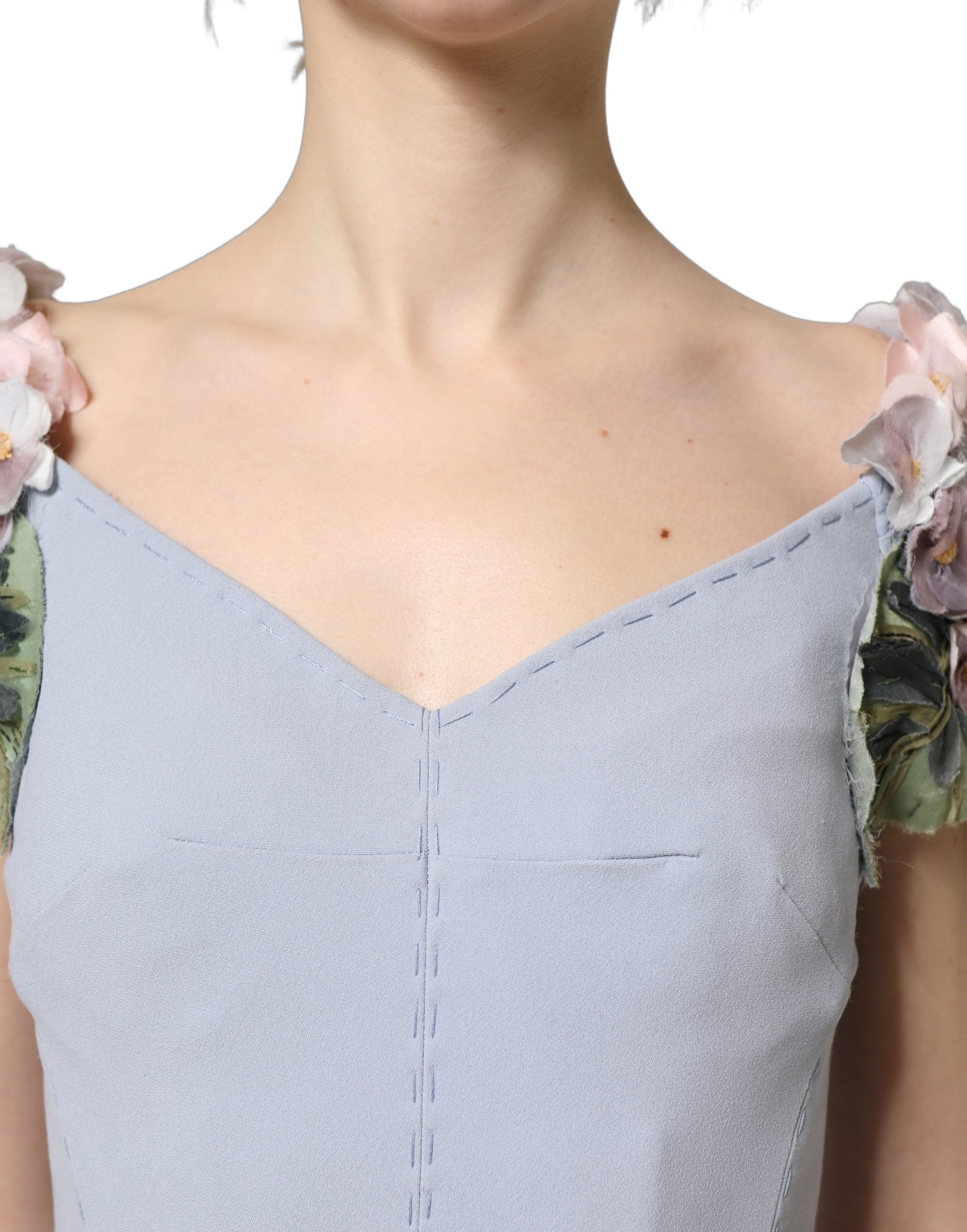 Dolce & Gabbana Light Blue Hydrangea Embellished Cap Sleeve Dress