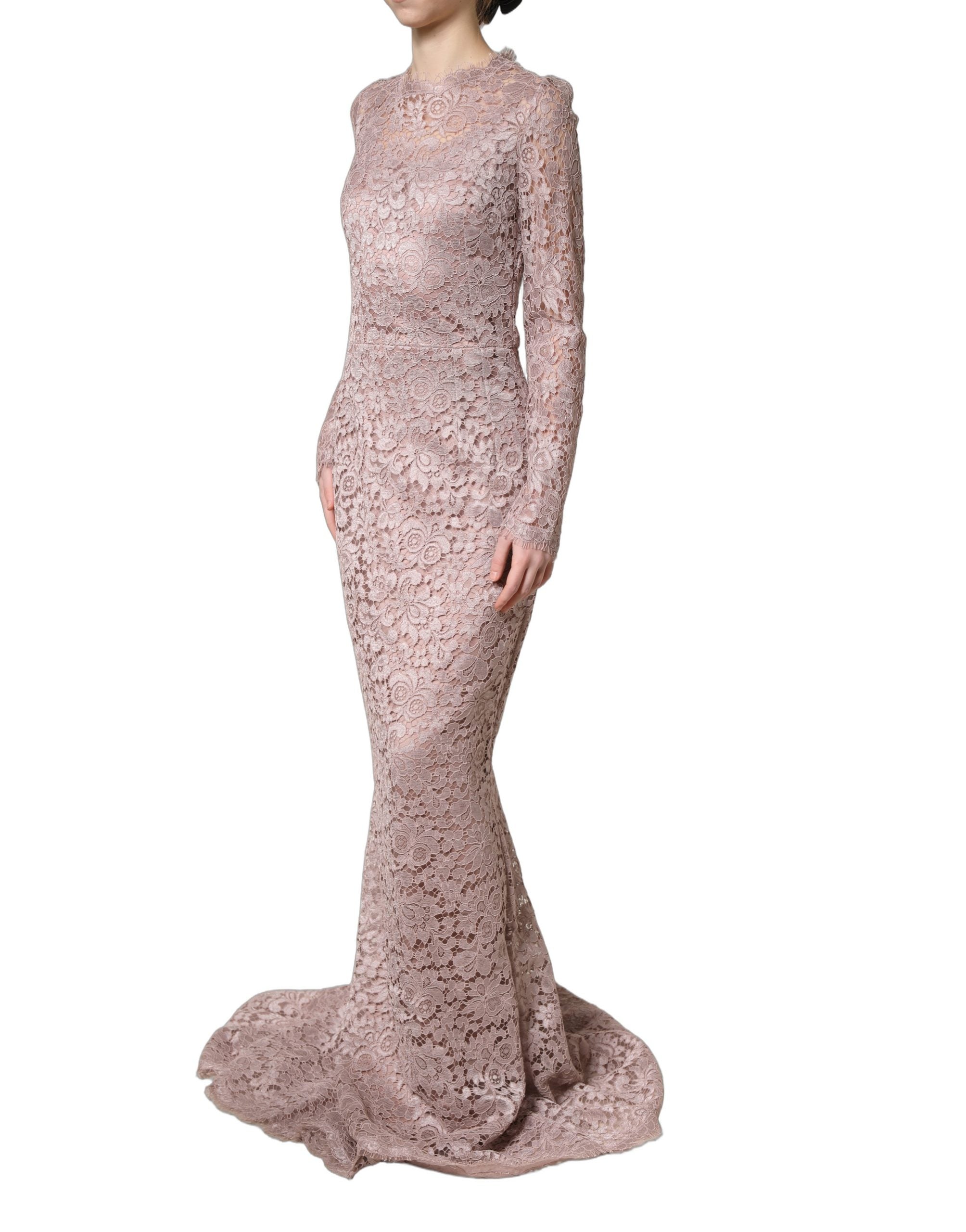Dolce & Gabbana Pink Lace Long Sleeves Evening Gown Dress