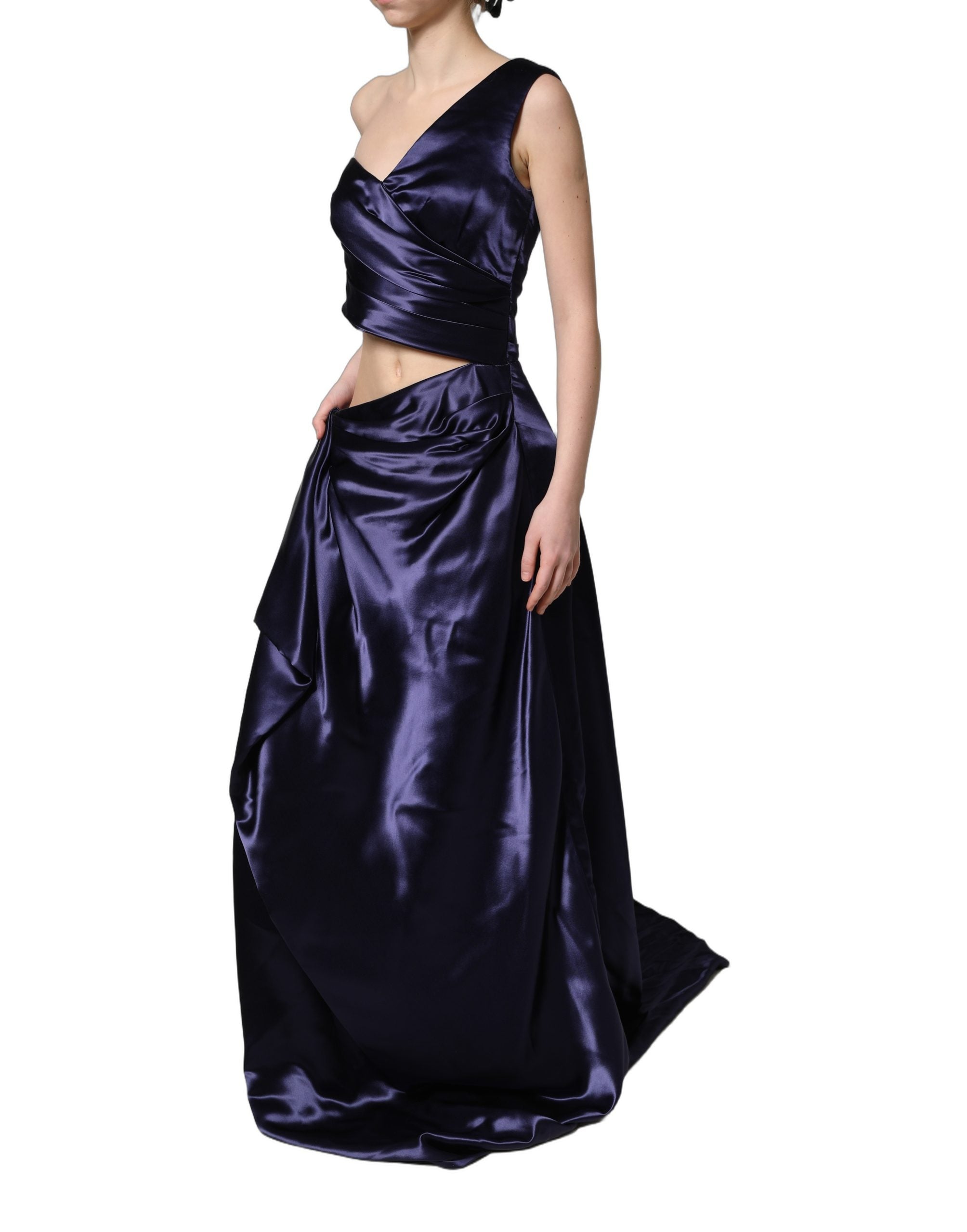 Dolce & Gabbana Navy Blue One Shoulder Evening Gown Dress