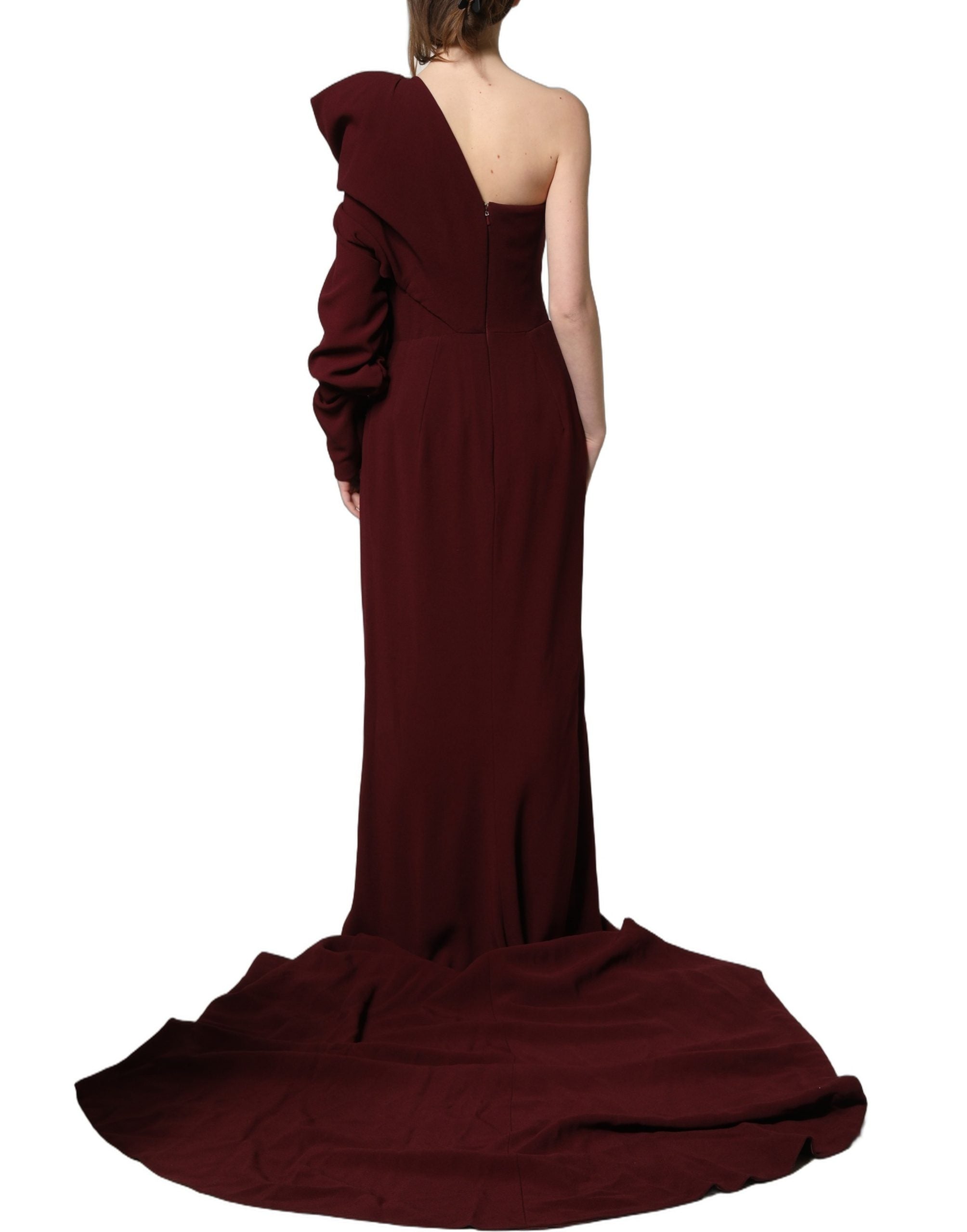 Dolce & Gabbana Maroon Crystal One Shoulder EveningGown Dress