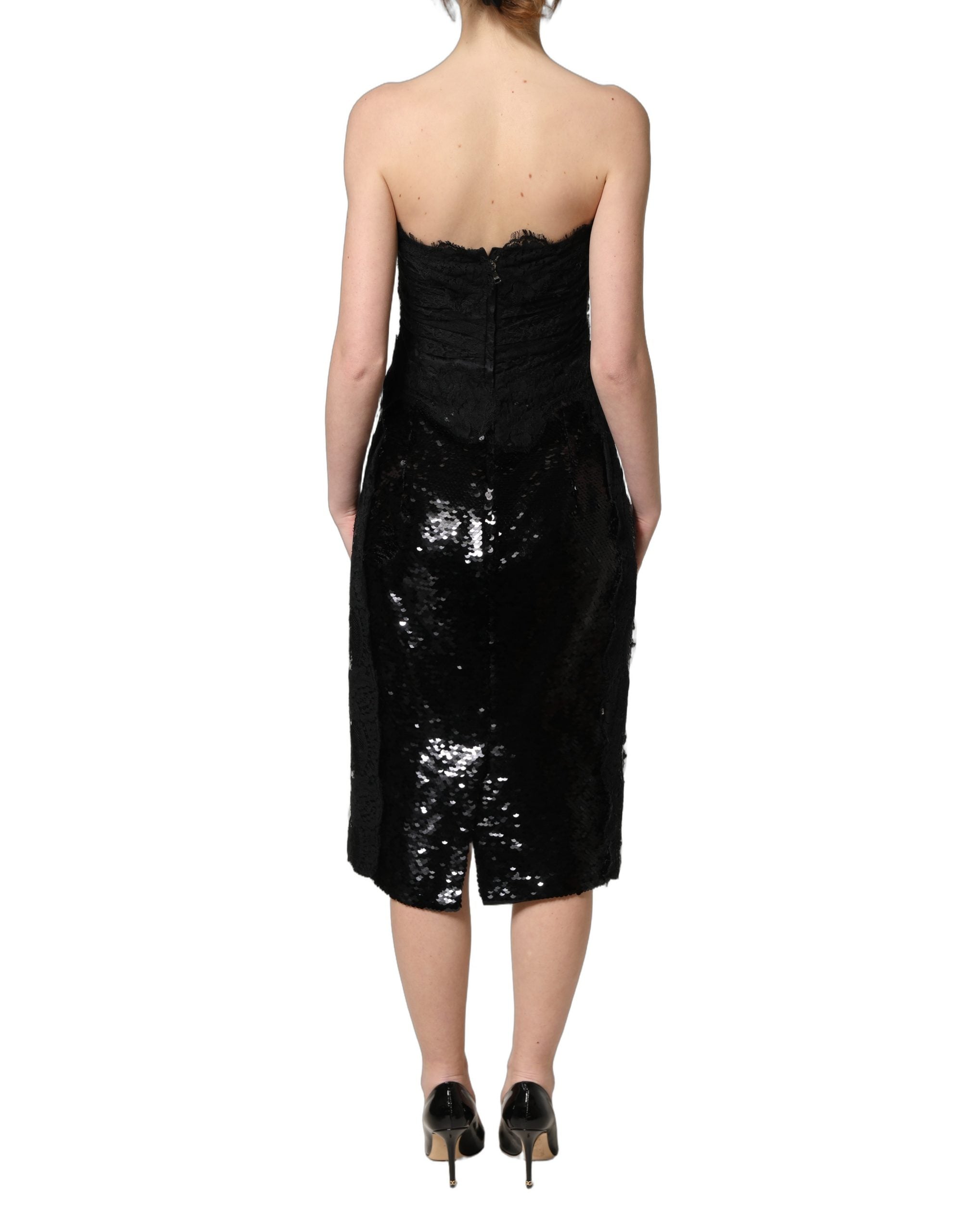 Dolce & Gabbana Black Strapless Red Rose Sequined Midi Dress