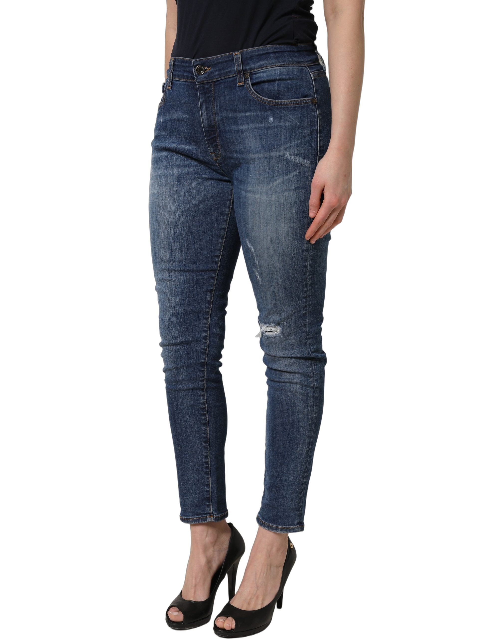 Dolce & Gabbana Blue Tattered Skinny Mid Waist Denim Jeans