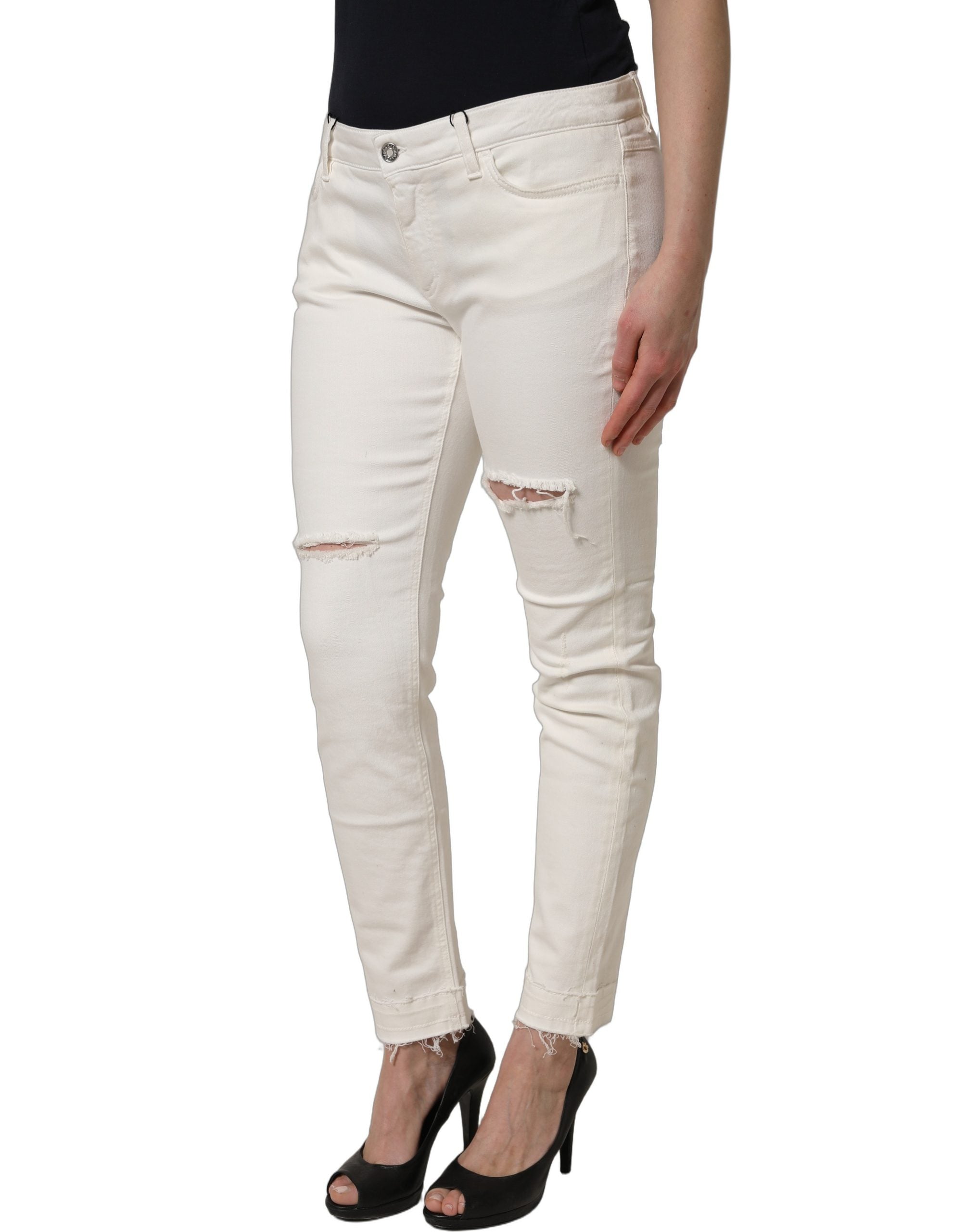 Dolce & Gabbana White Tattered Skinny Cotton Denim Jeans