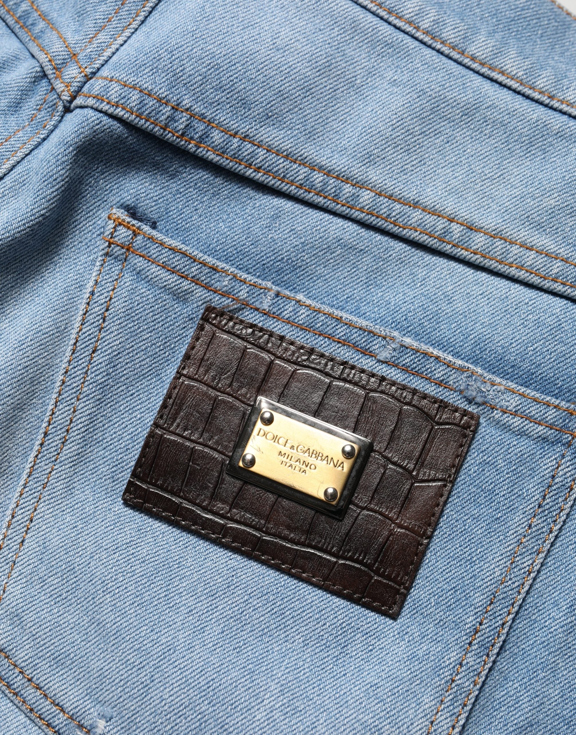 Dolce & Gabbana Blue Distressed Pleated Cotton Denim Jeans