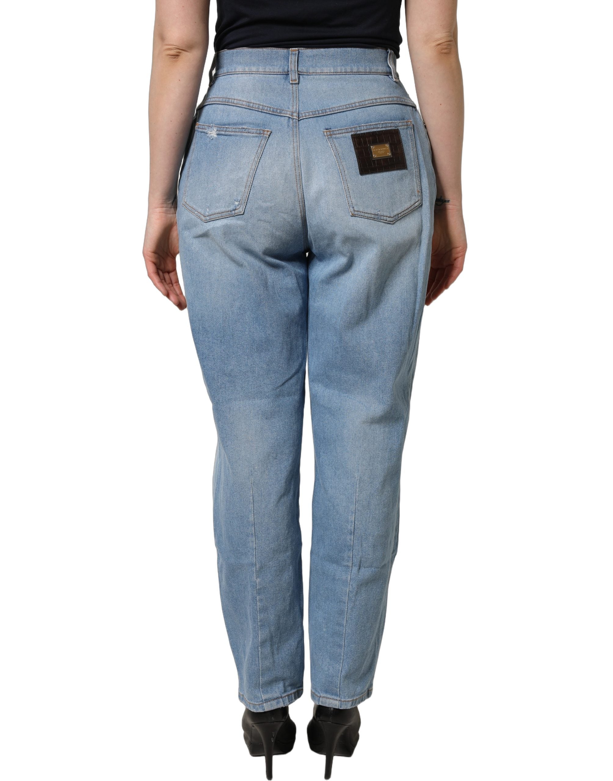 Dolce & Gabbana Blue Distressed Pleated Cotton Denim Jeans