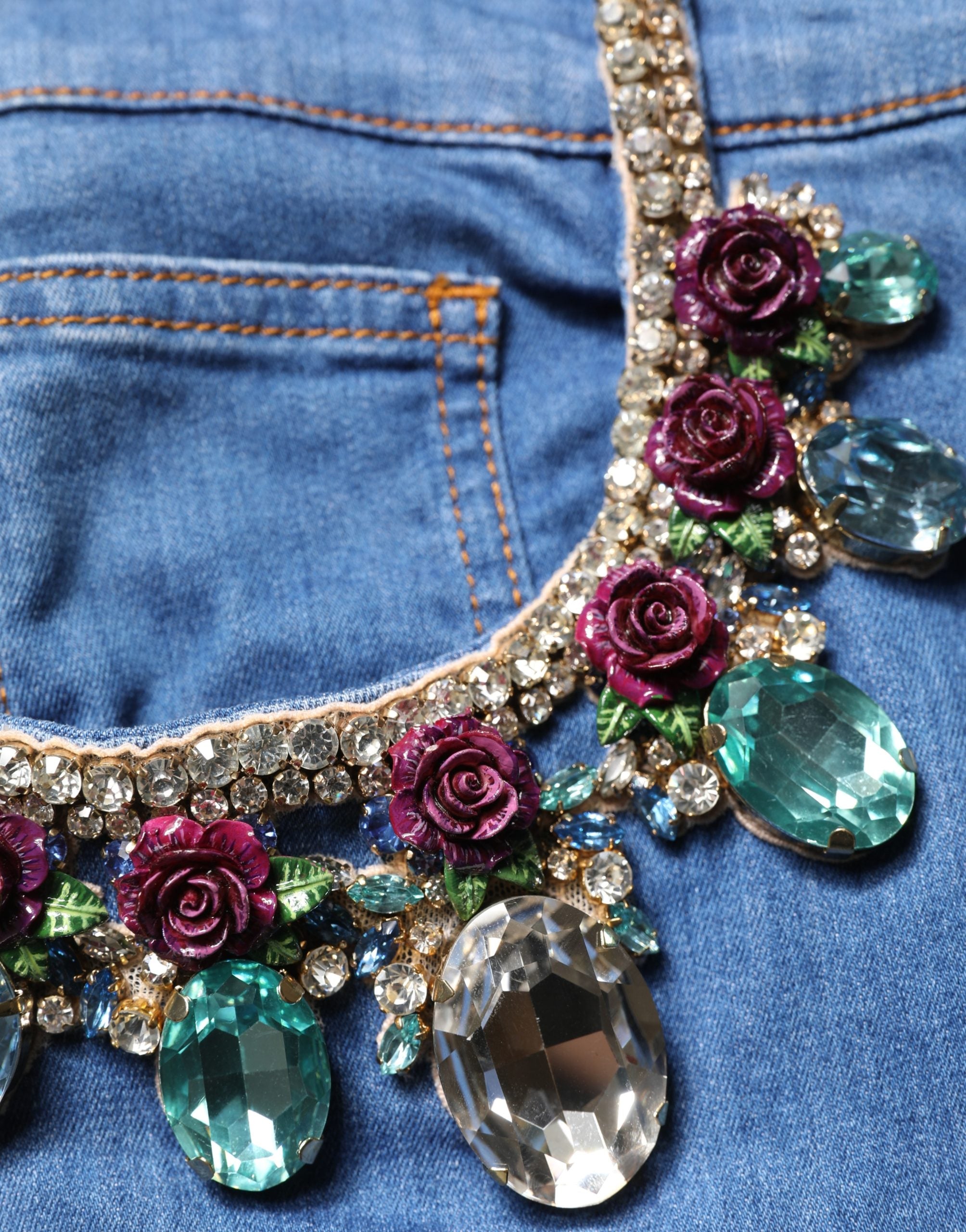 Dolce & Gabbana Blue Cotton Embellished BermudaDenim Shorts