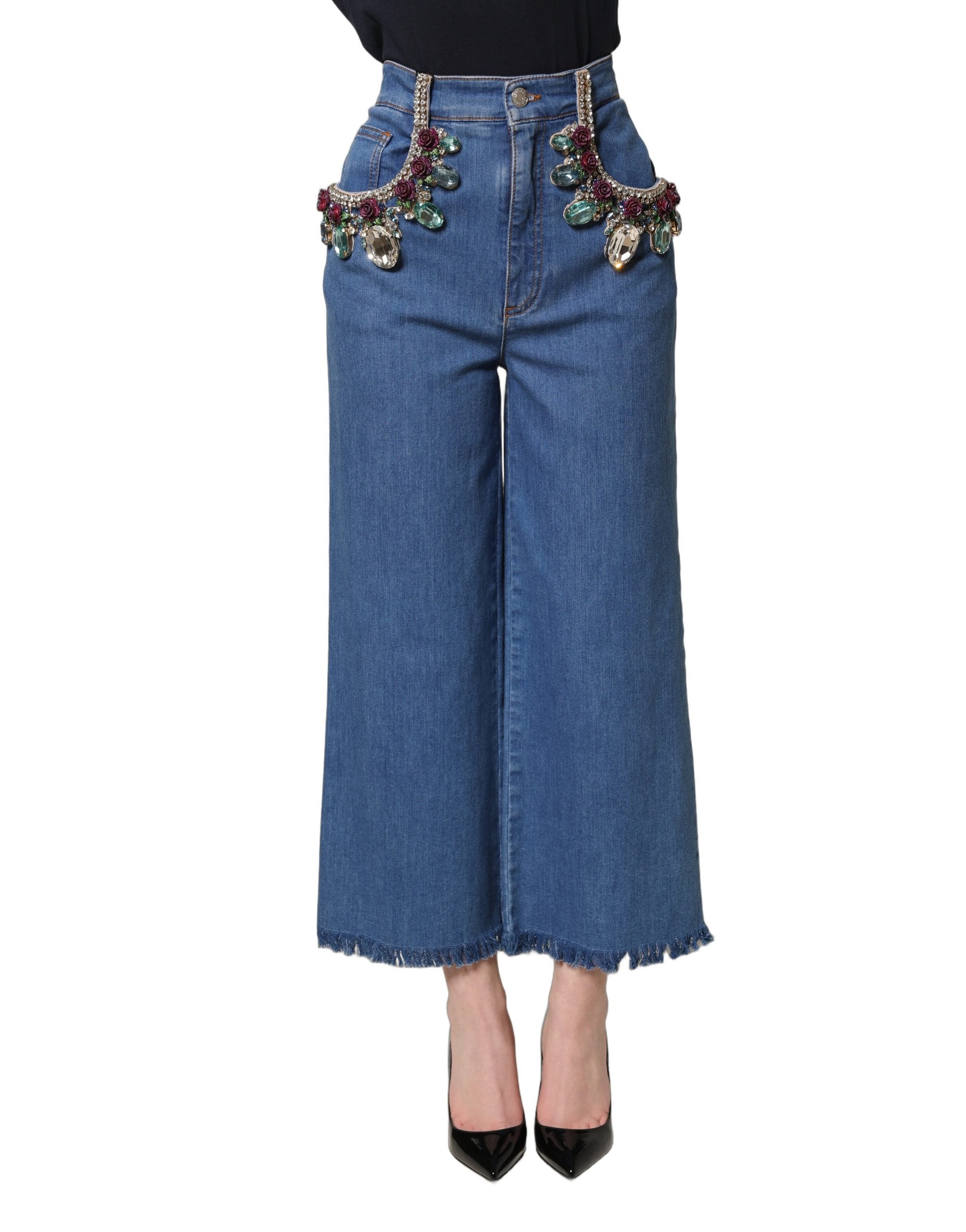 Dolce & Gabbana Blue Embellished Wide Cropped Denim Jeans