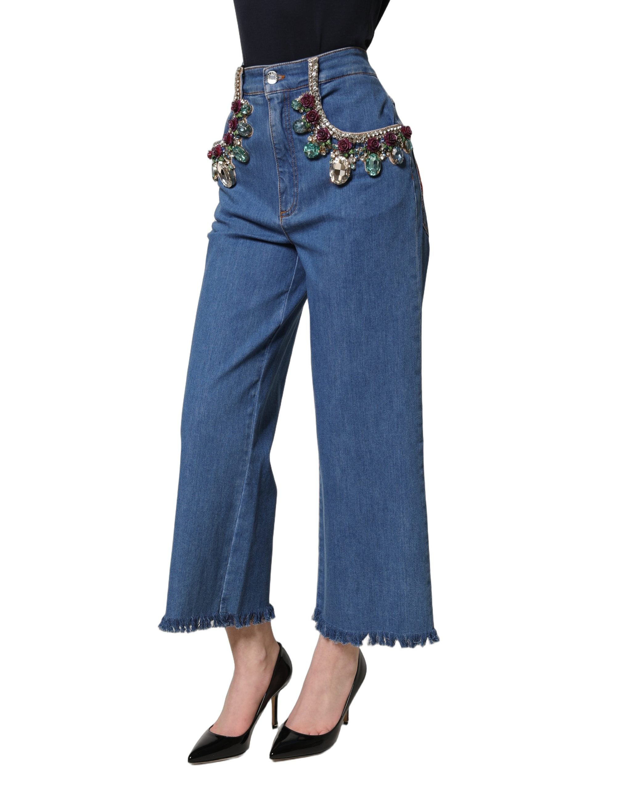 Dolce & Gabbana Blue Embellished Wide Cropped Denim Jeans