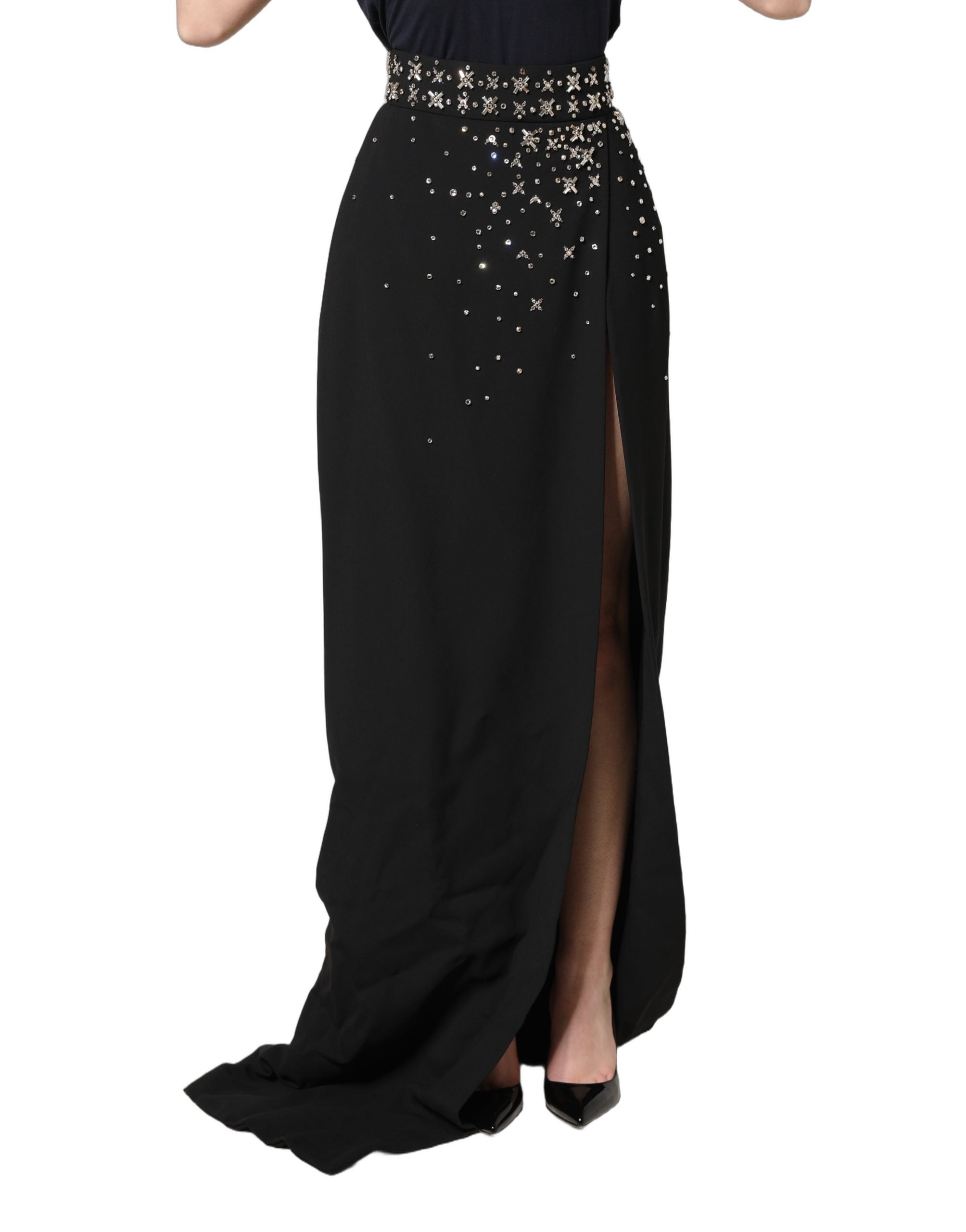 Dolce & Gabbana Black Crystal Embellished High Slit Skirt