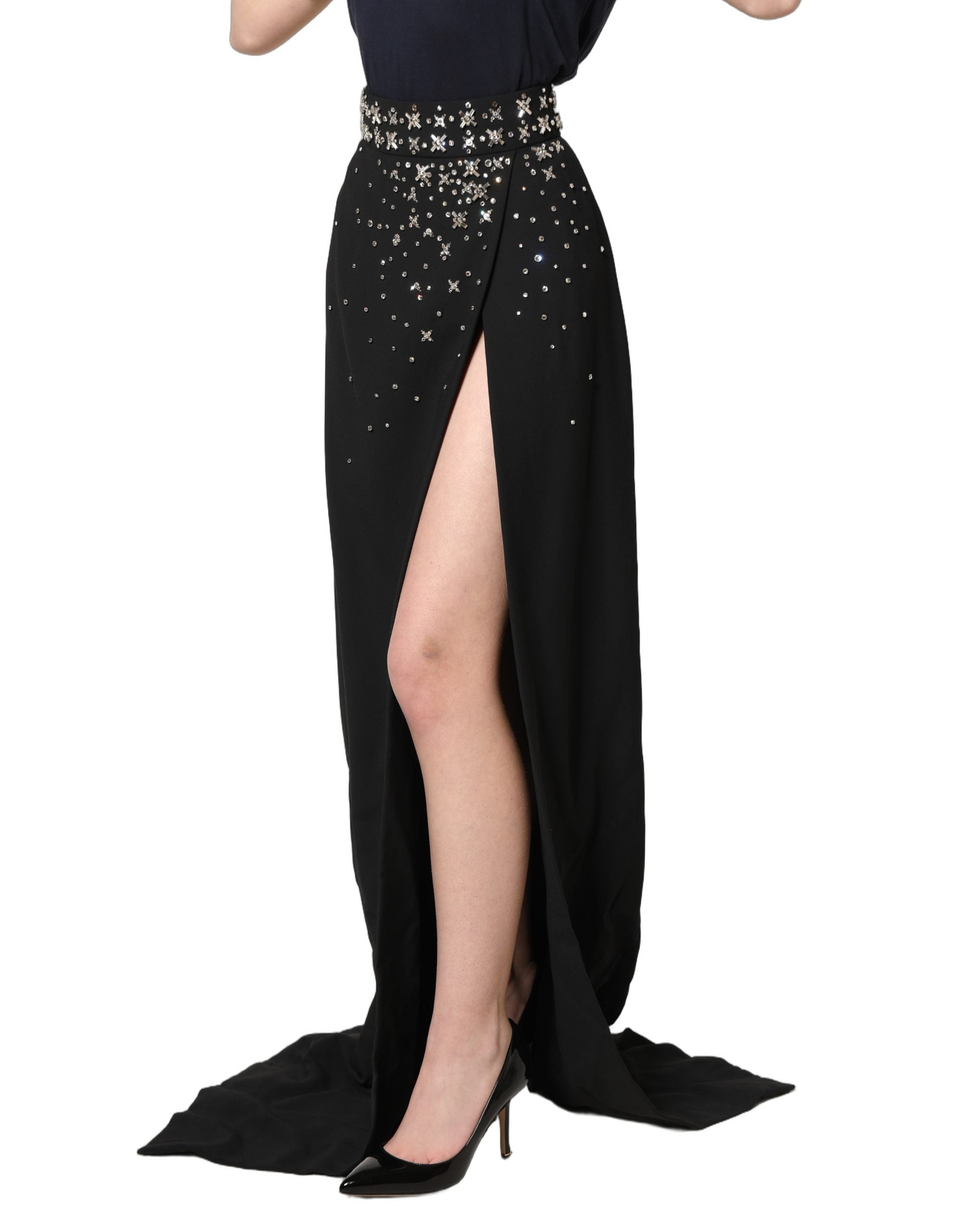 Dolce & Gabbana Black Crystal Embellished High Slit Skirt