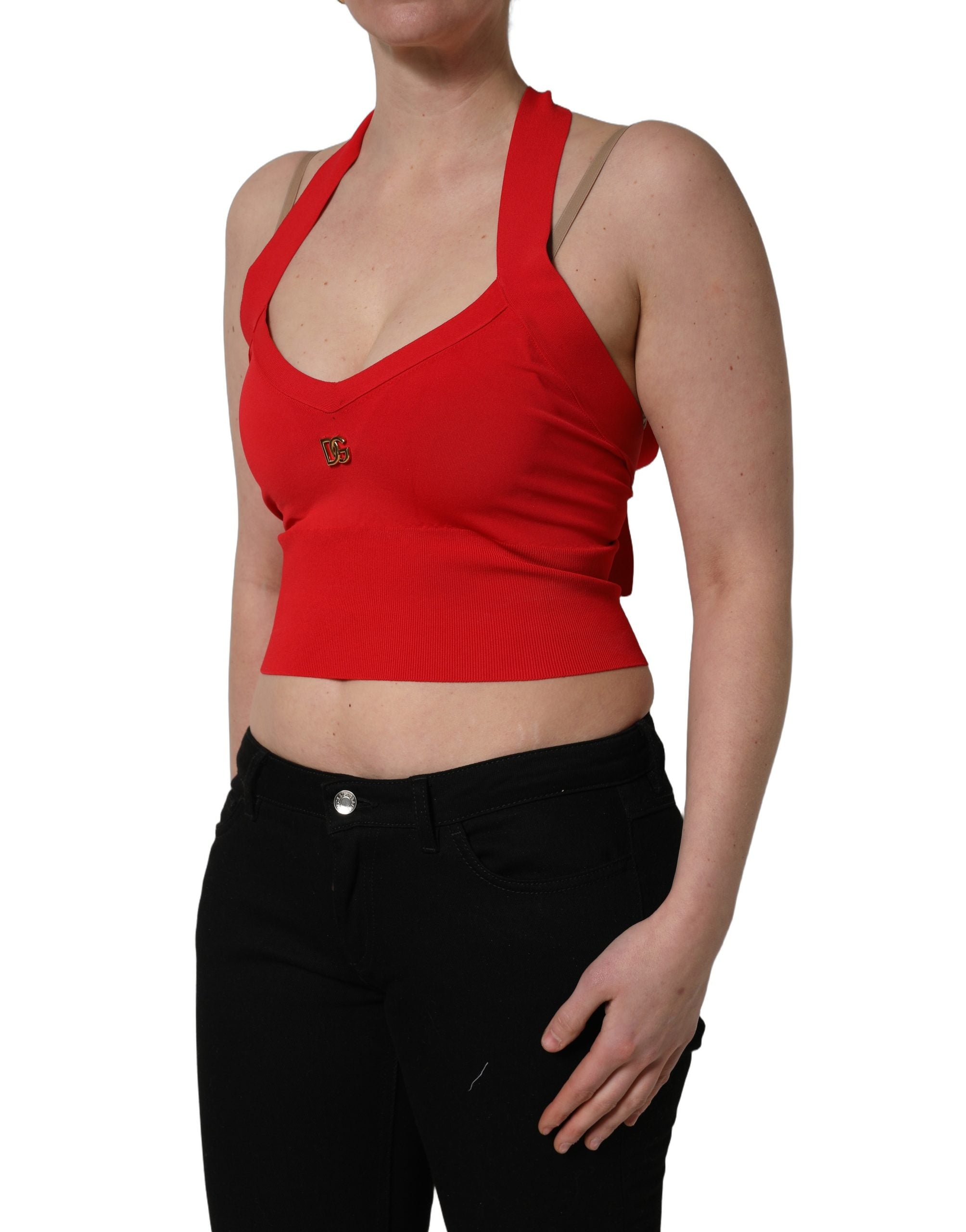 Dolce & Gabbana Red Viscose Sleeveless Halter Crop Tank Top