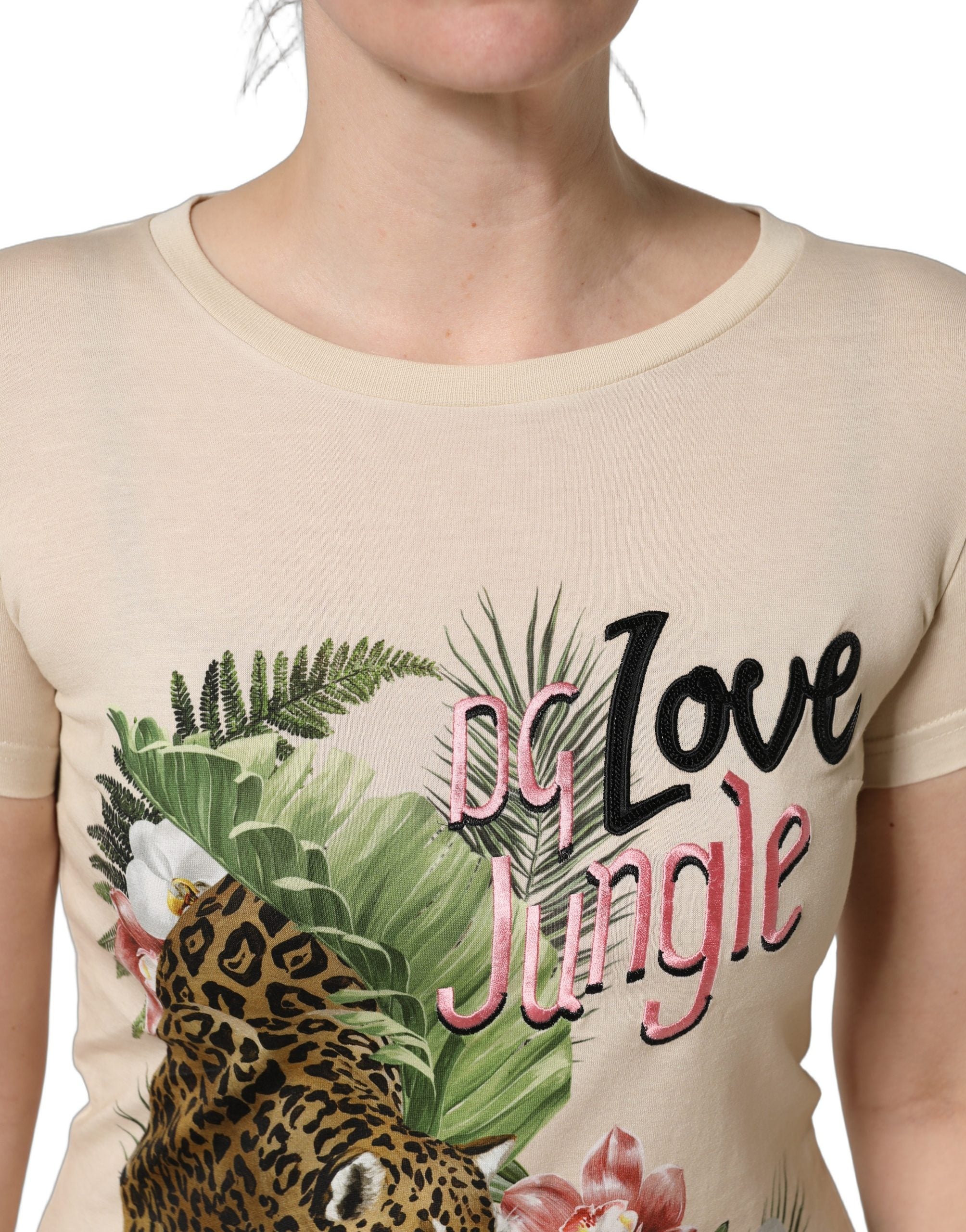 Dolce & Gabbana Beige Jungle Print Cotton Round Neck T-Shirt