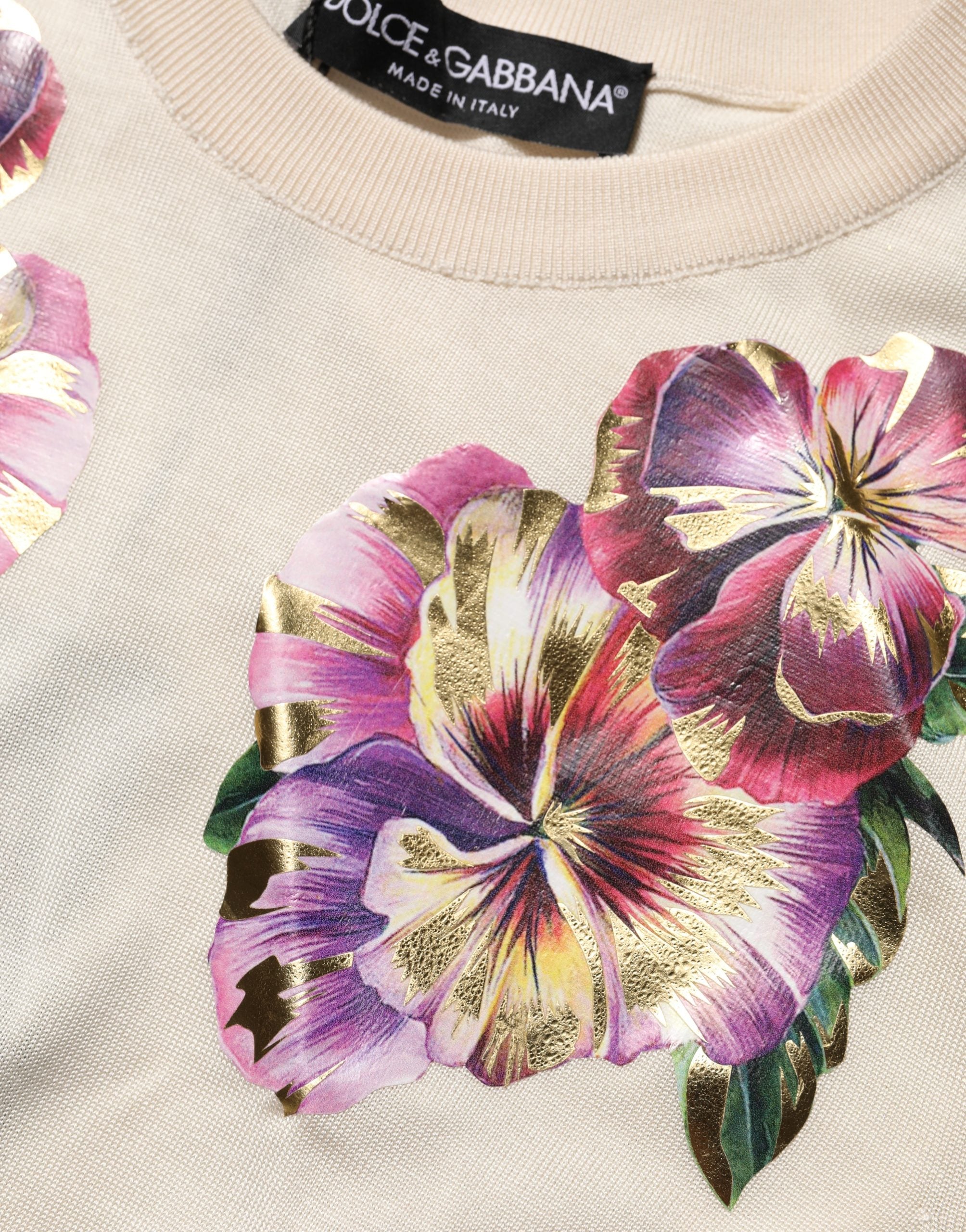 Dolce & Gabbana Beige Floral Print Silk CrewNeck Pullover Top