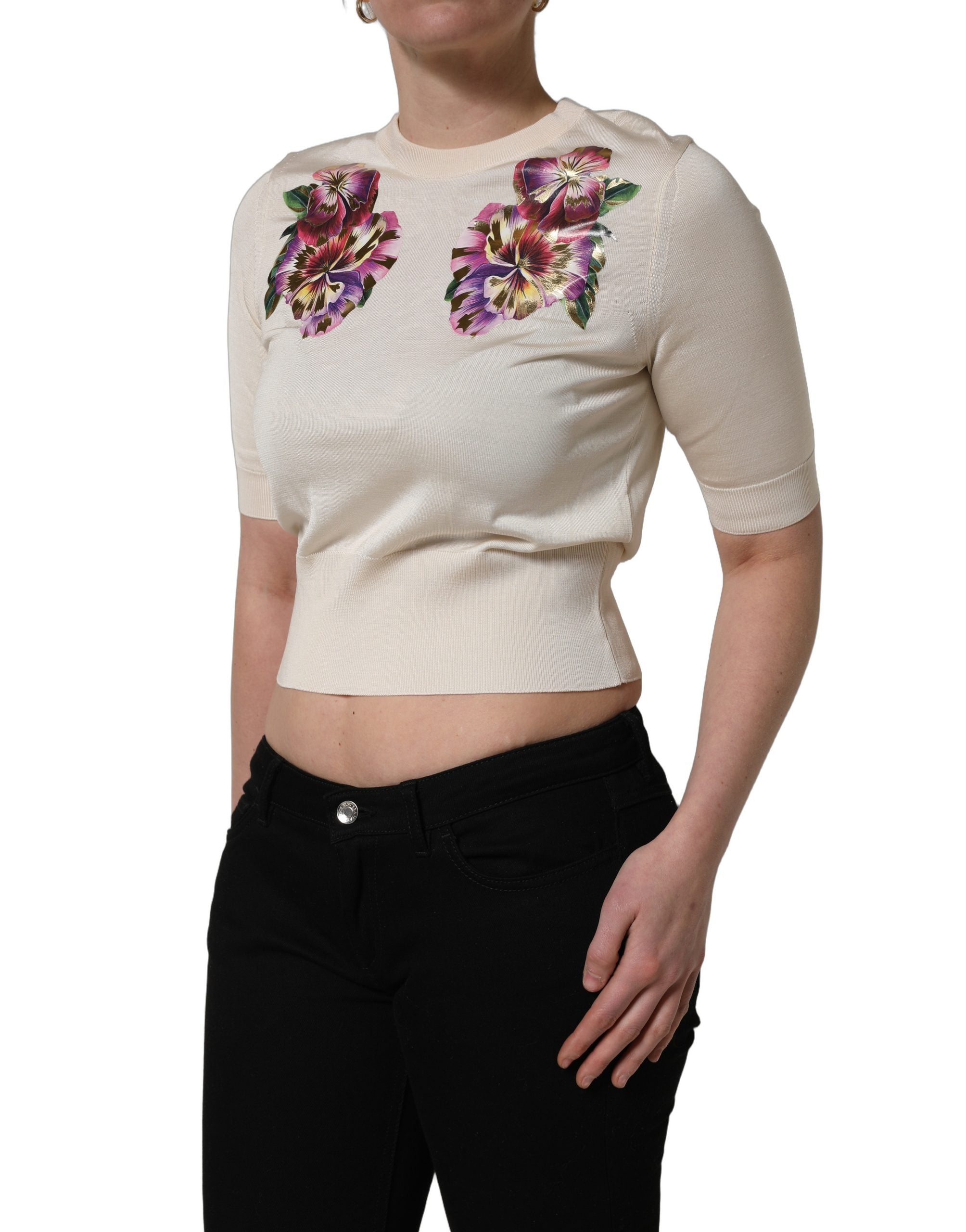 Dolce & Gabbana Beige Floral Print Silk CrewNeck Pullover Top