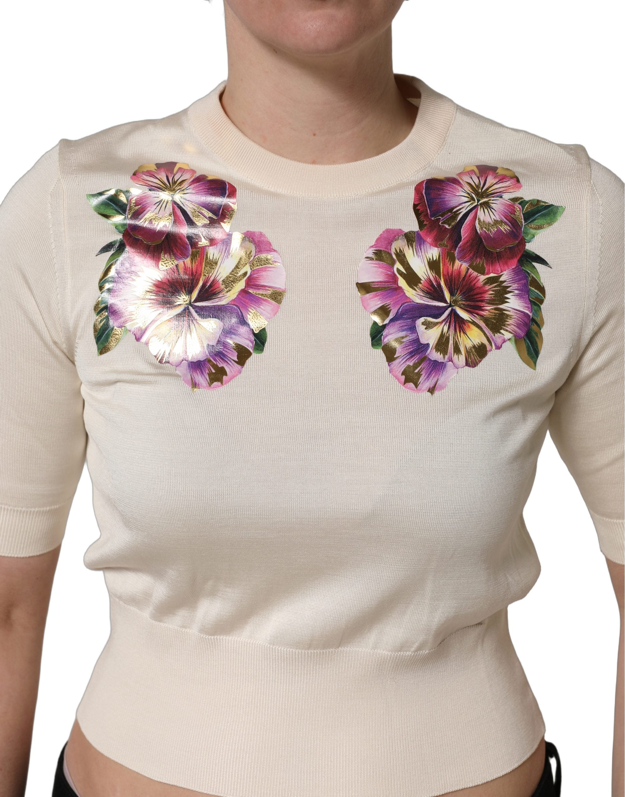Dolce & Gabbana Beige Floral Print Silk CrewNeck Pullover Top