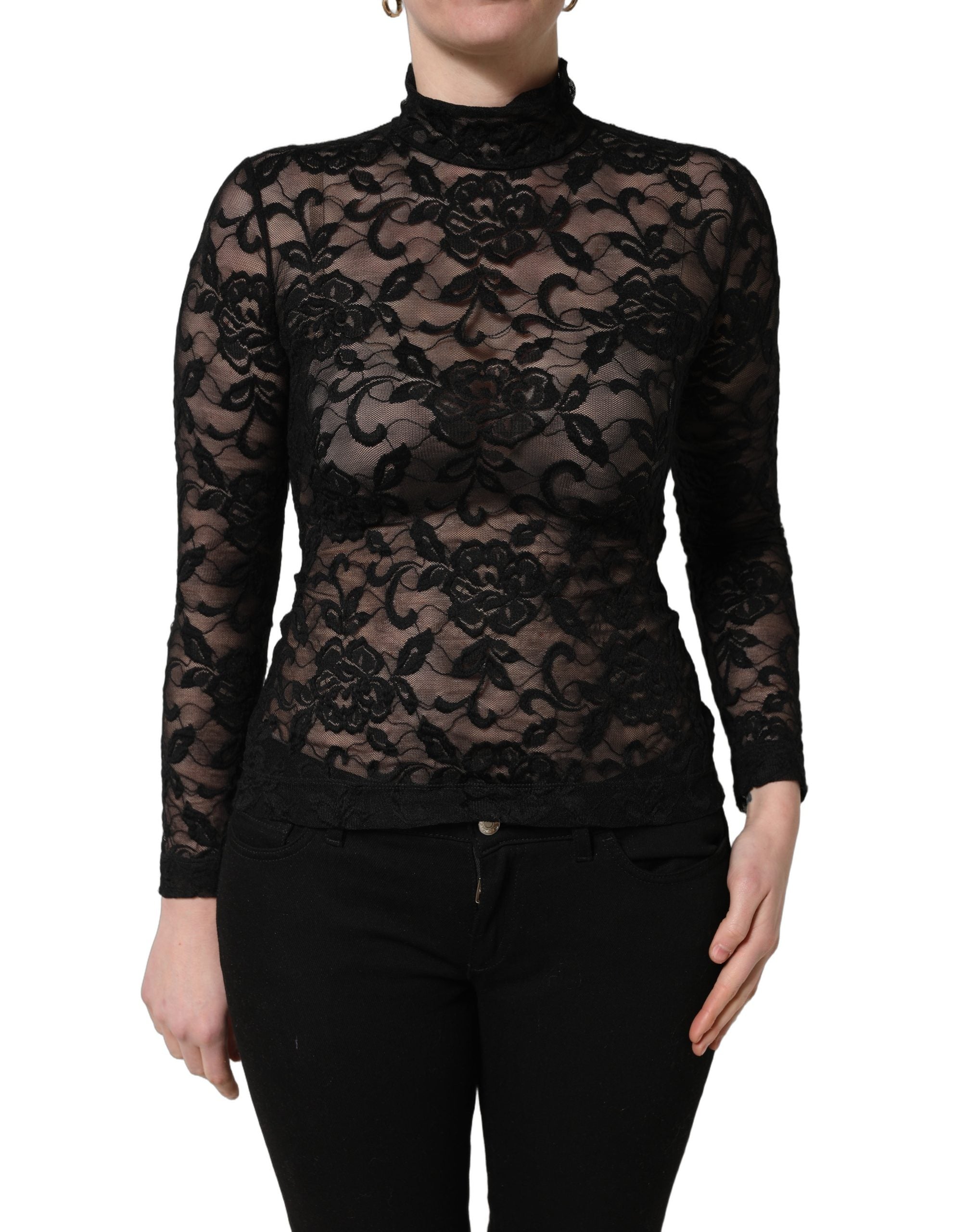 Dolce & Gabbana Black Floral Lace Turtle Neck Long Sleeve Top