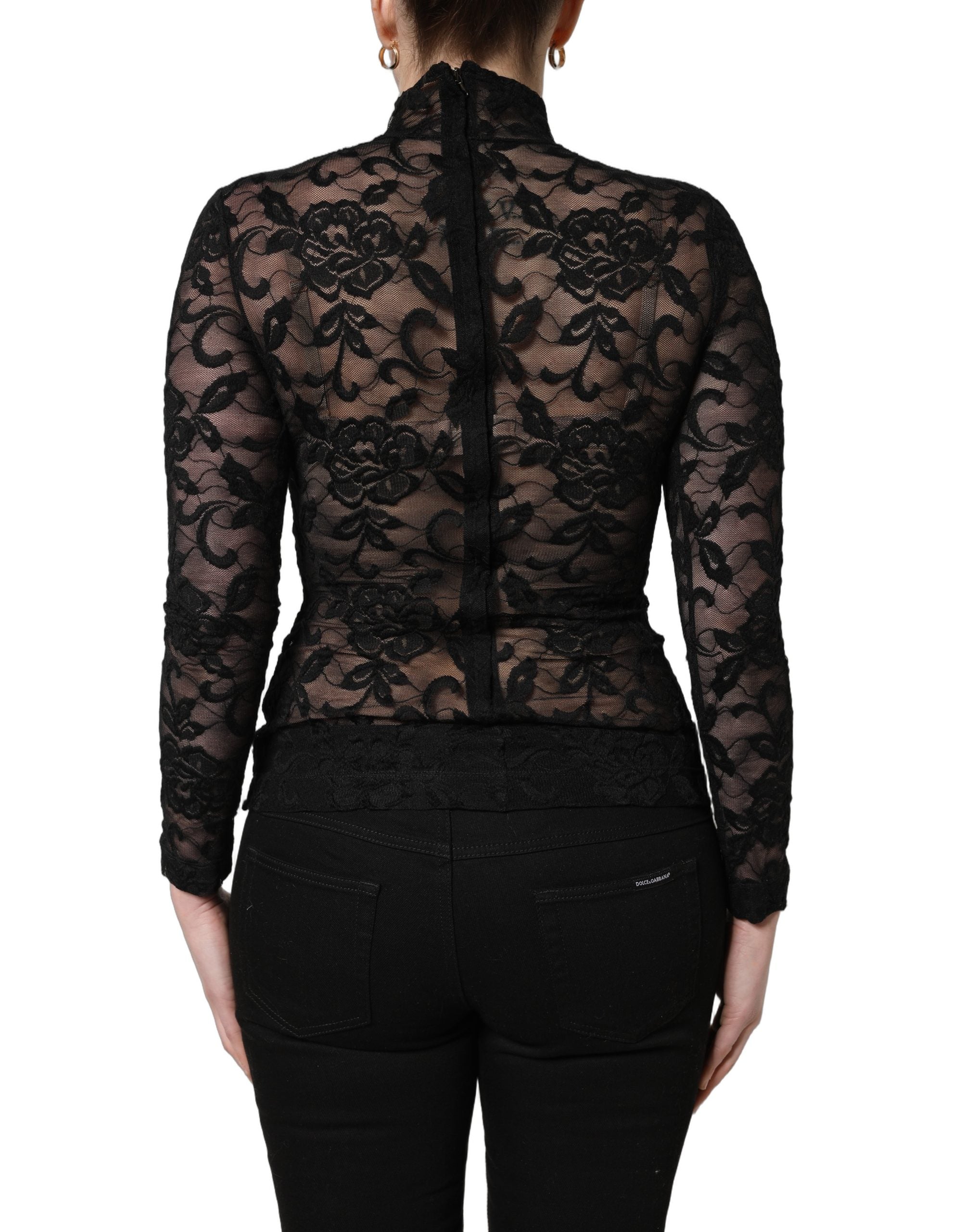Dolce & Gabbana Black Floral Lace Turtle Neck Long Sleeve Top