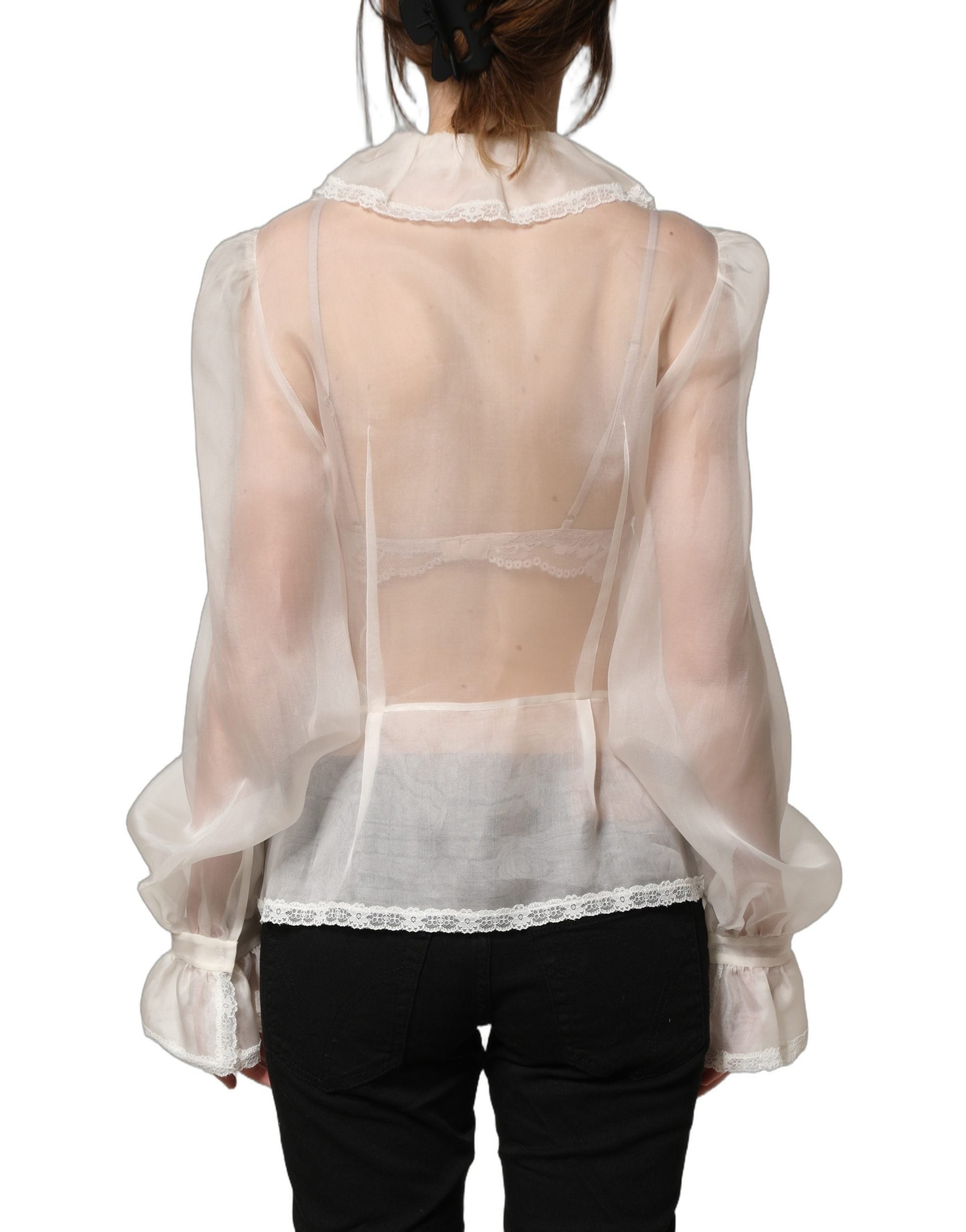 Dolce & Gabbana White Ruffled Sheer Silk Buttoned Blouse Top