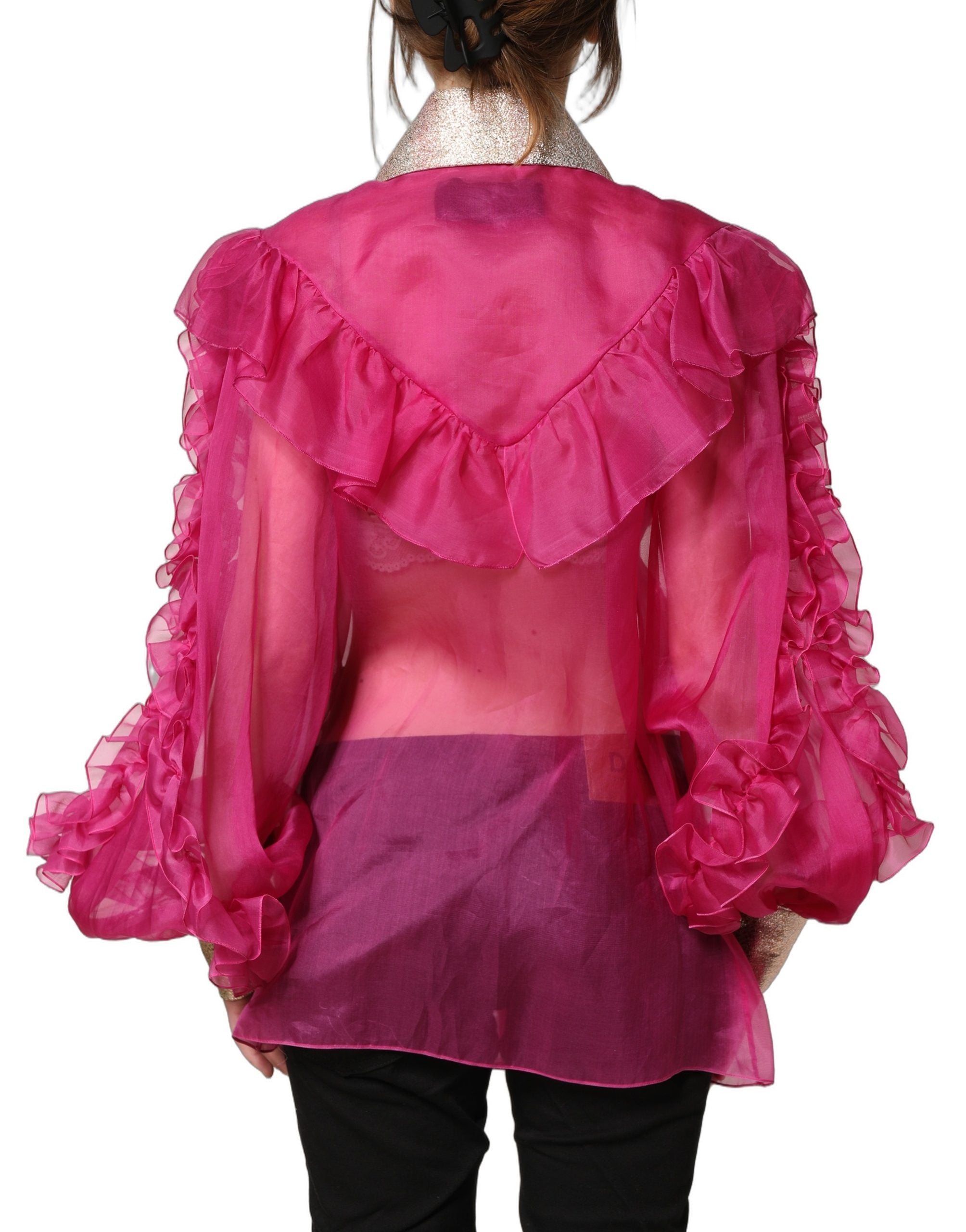 Dolce & Gabbana Fuchsia Sheer Chiffon Buttoned Blouse Top