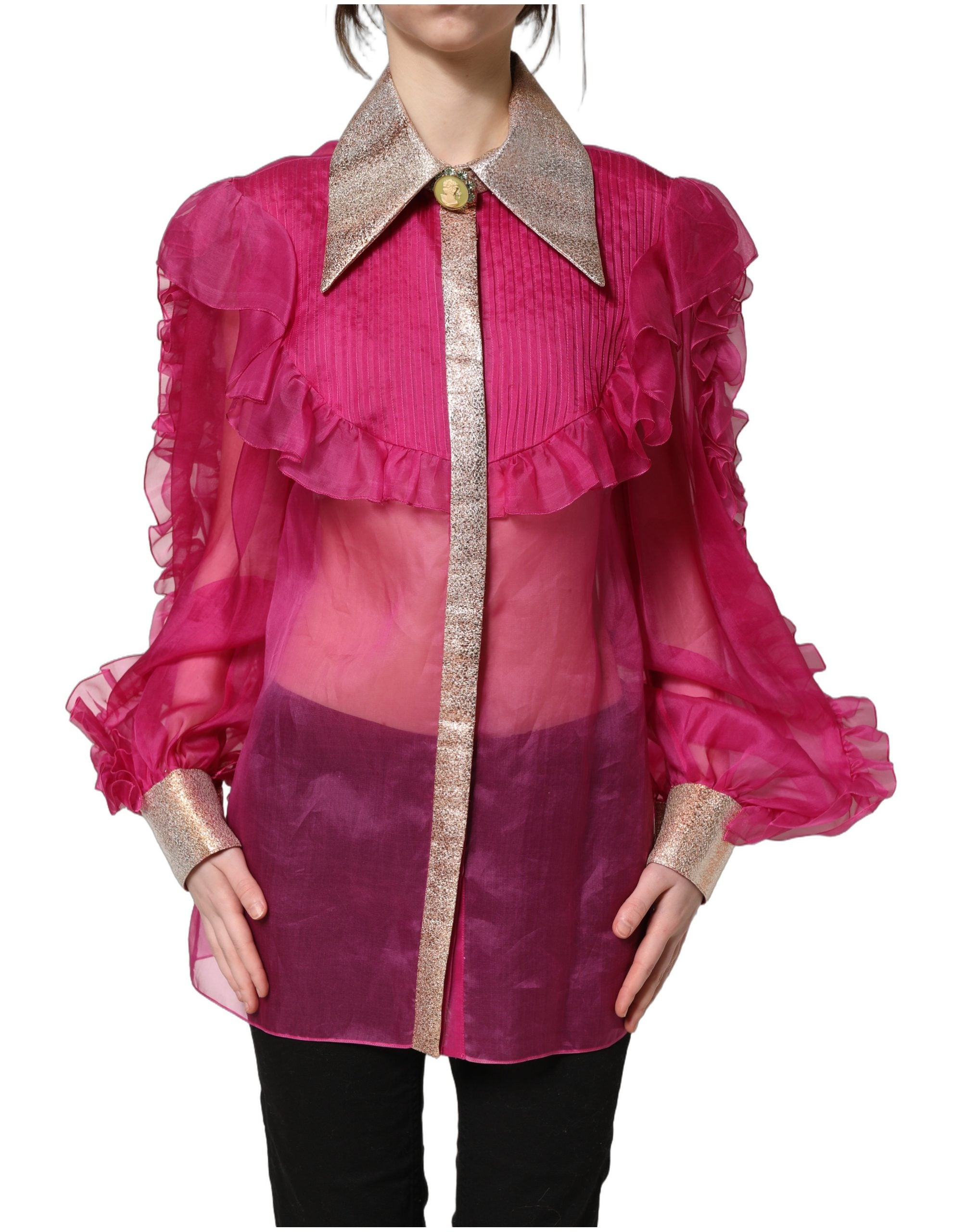 Dolce & Gabbana Fuchsia Sheer Chiffon Buttoned Blouse Top