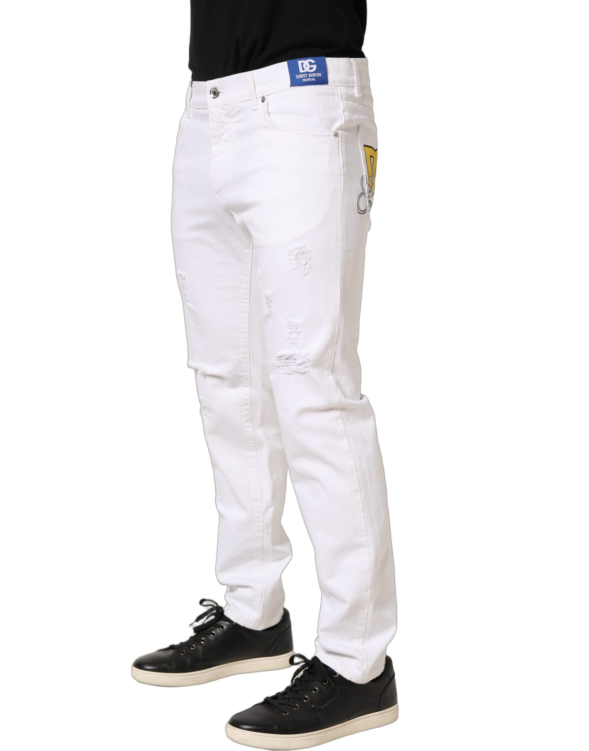 Dolce & Gabbana White Cotton Ripped Slim Fit Men Denim Jeans