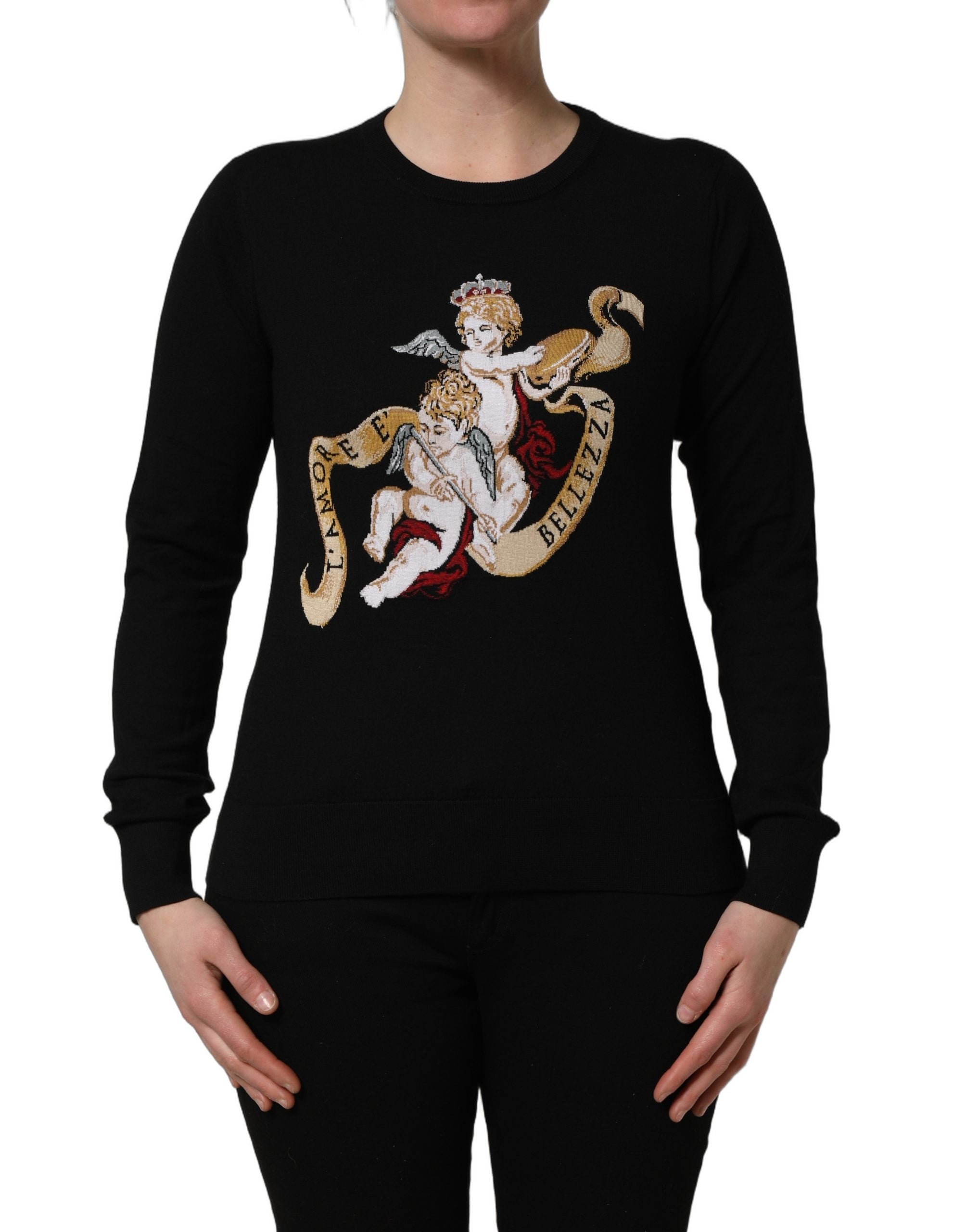 Dolce & Gabbana Black Angels Wool Crew Neck Pullover Sweater