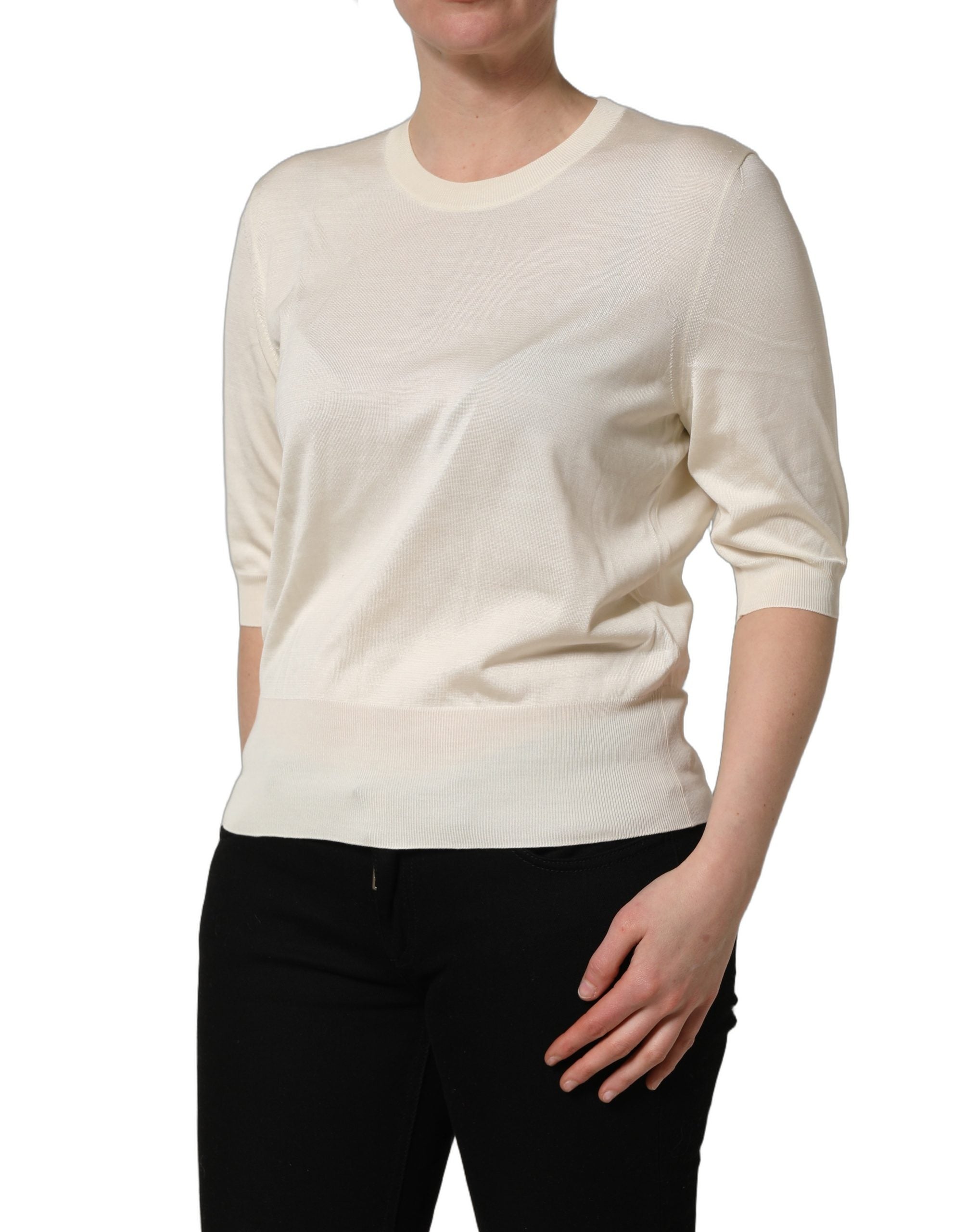 Dolce & Gabbana Off White 3/4 Sleeves Crewneck Pullover Sweater