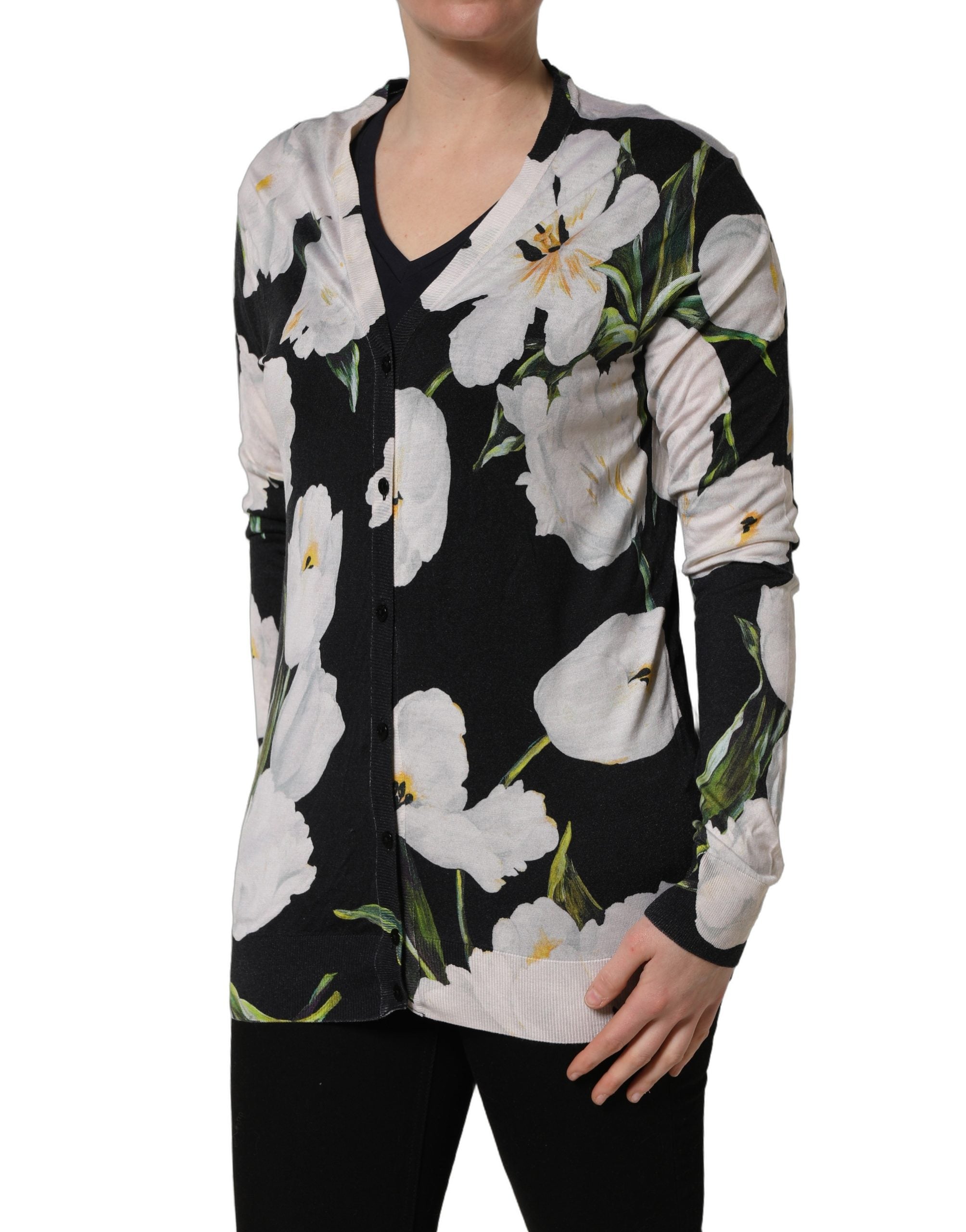 Dolce & Gabbana Black Floral Cashmere Silk Cardigan Sweater