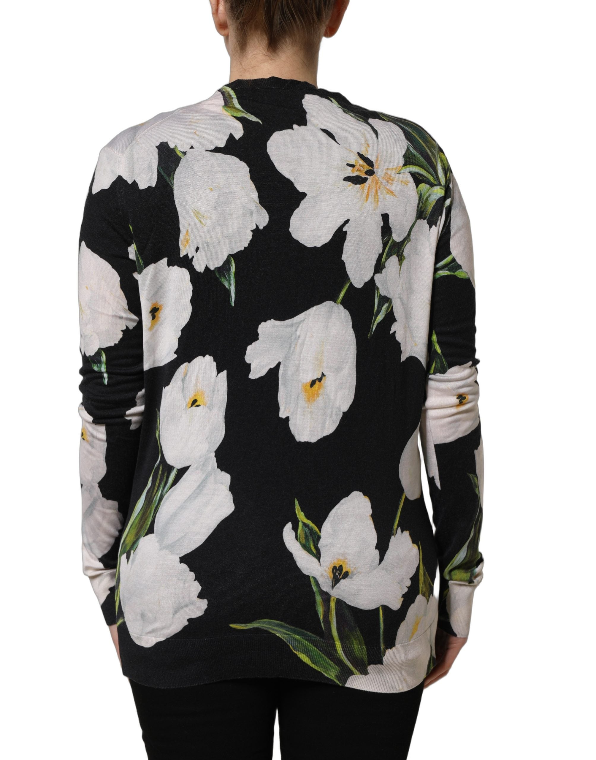 Dolce & Gabbana Black Floral Cashmere Silk Cardigan Sweater