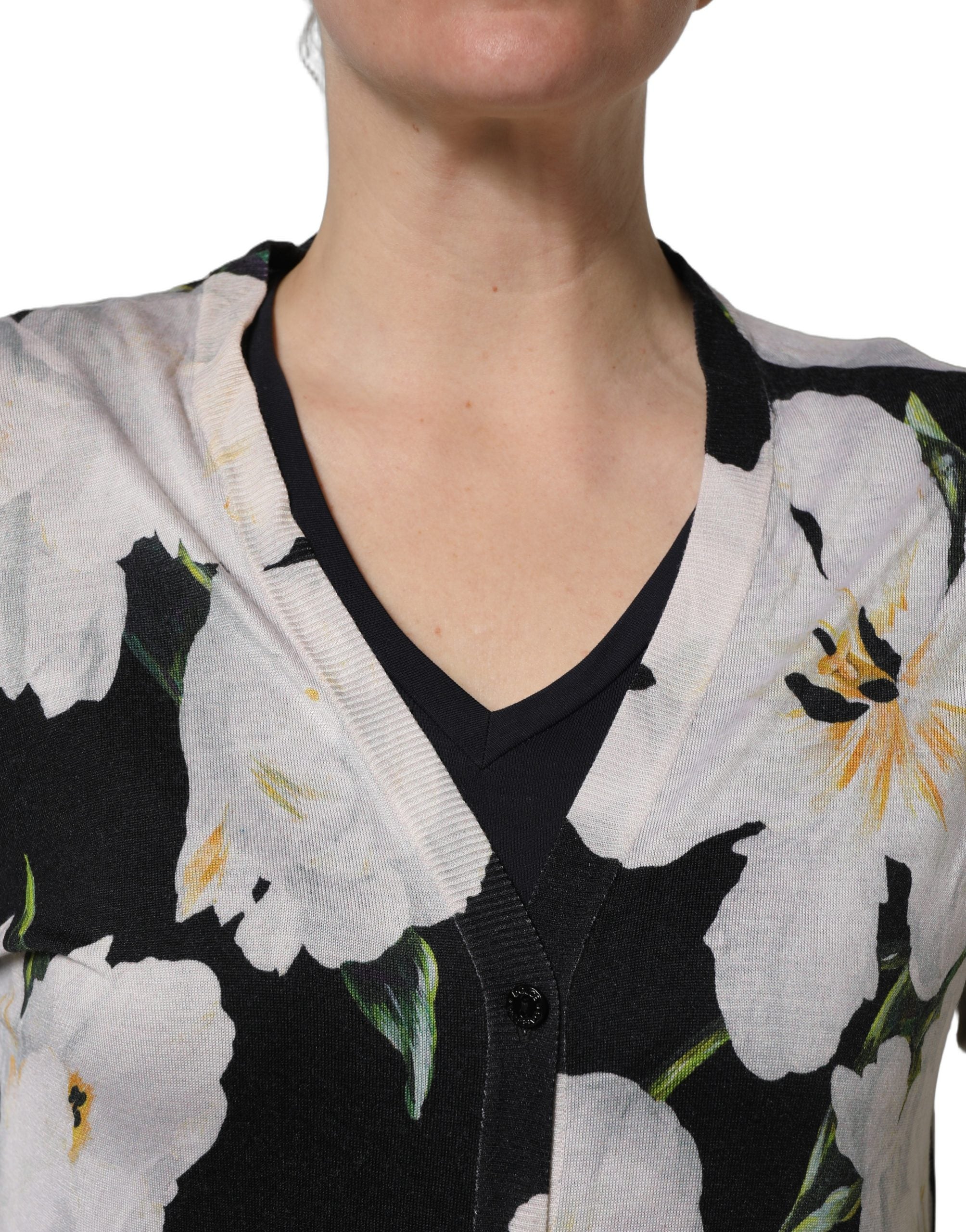 Dolce & Gabbana Black Floral Cashmere Silk Cardigan Sweater