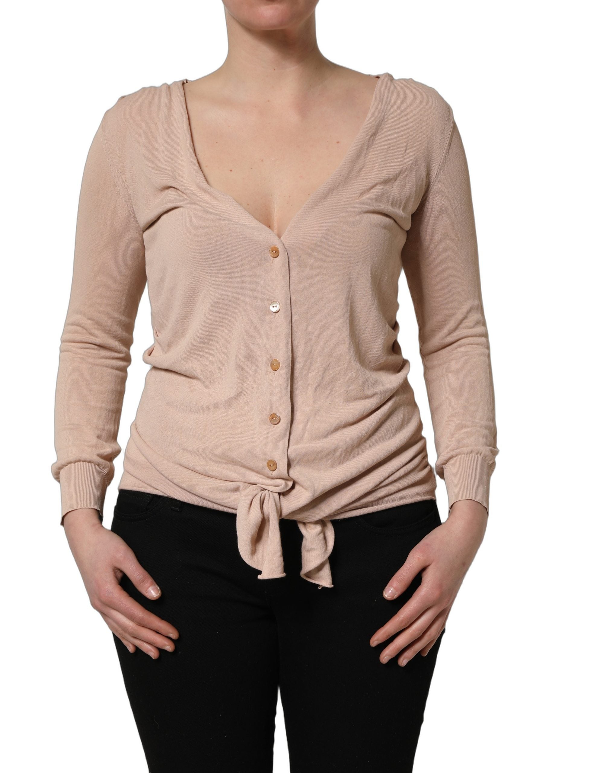 Dolce & Gabbana Beige Ribbed V-neck Front Tie Cardigan Sweater