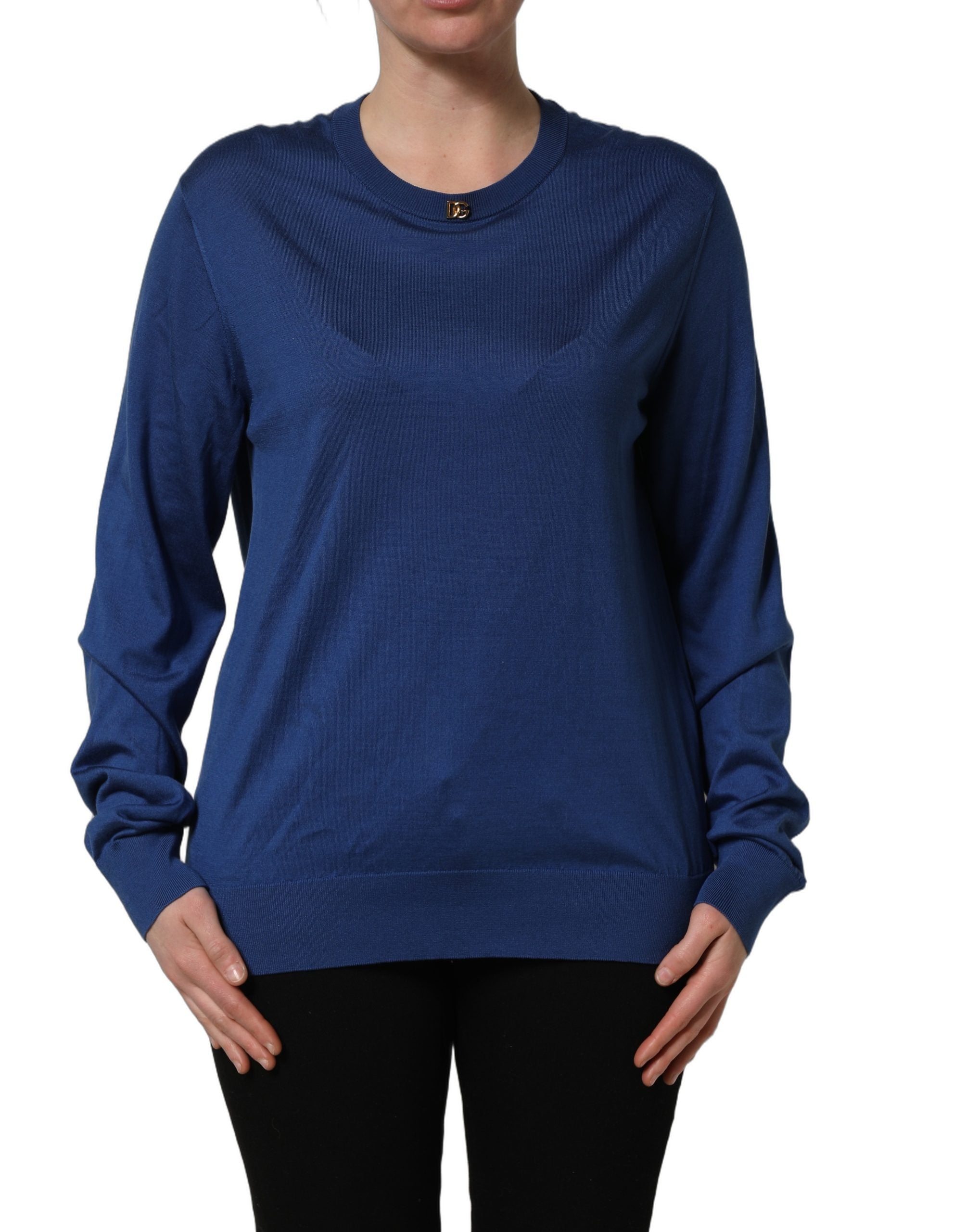 Dolce & Gabbana Blue Silk DG Logo Crew Neck Pullover Sweater