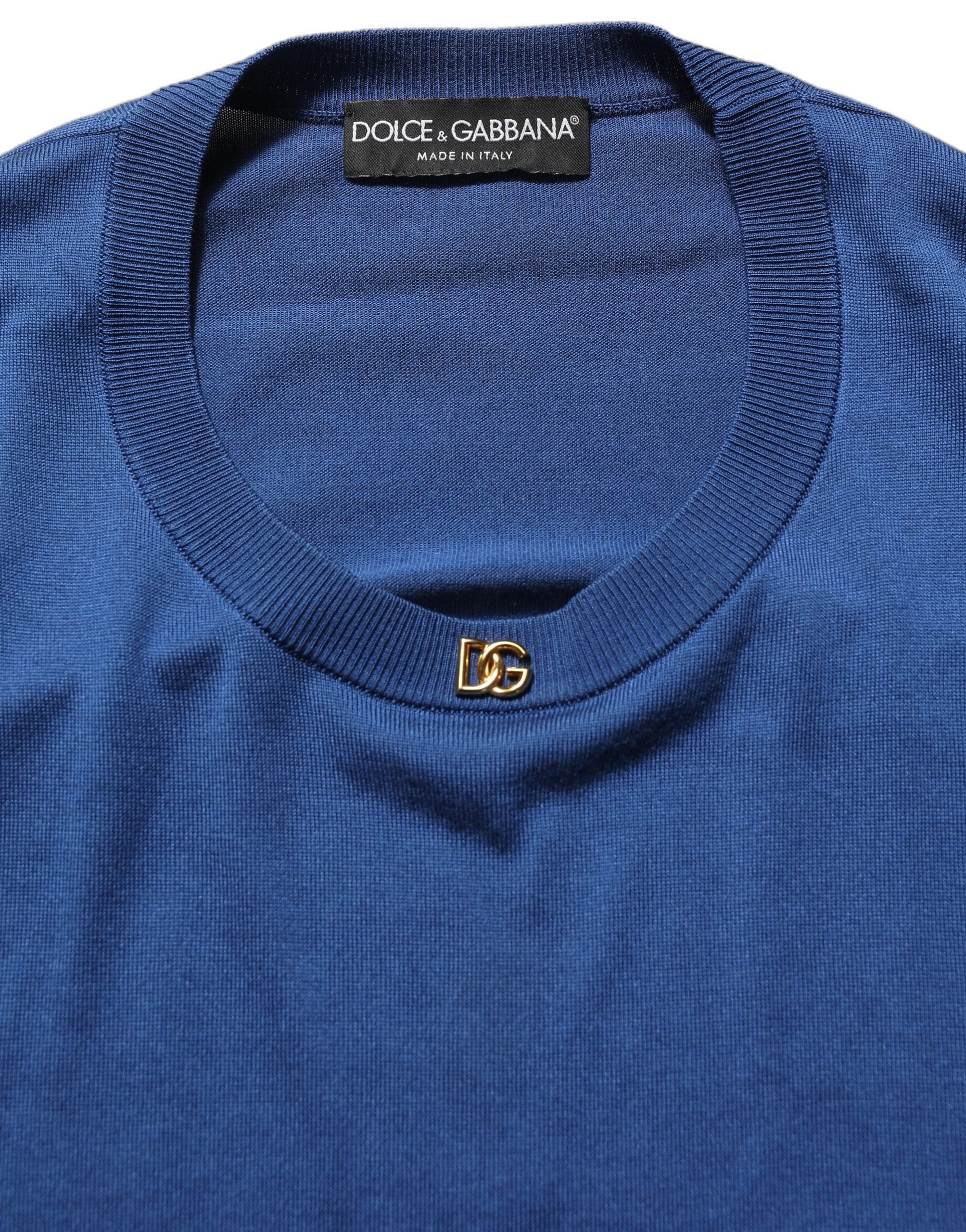 Dolce & Gabbana Blue Silk DG Logo Crew Neck Pullover Sweater