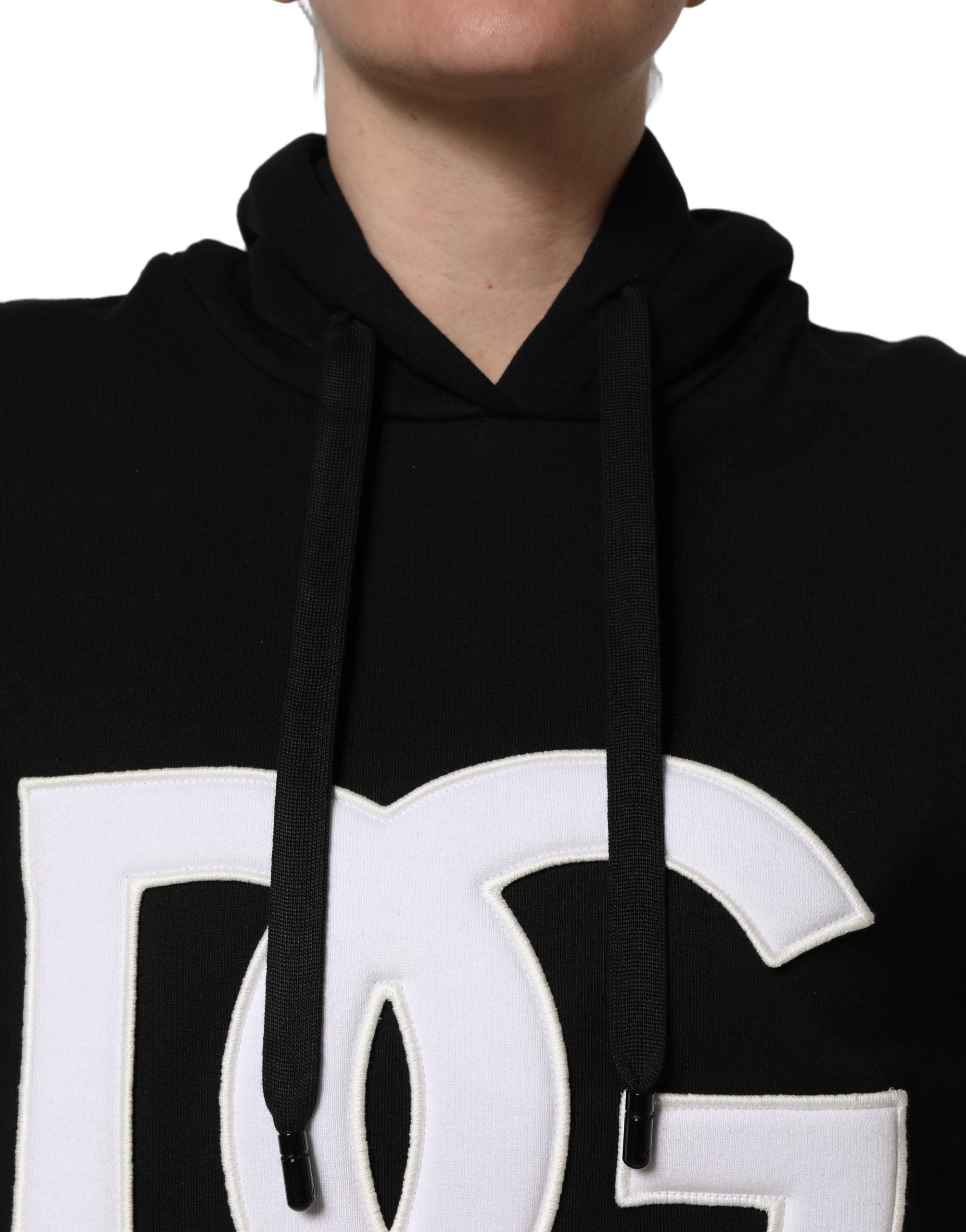 Dolce & Gabbana BlackWhite Appliqué Hooded Sweatshirt Sweater