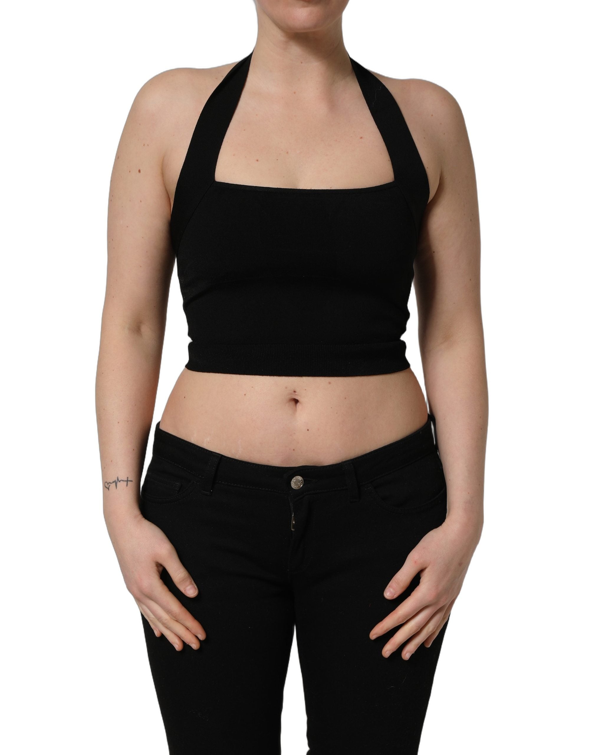 Dolce & Gabbana Black Square Neck Halter Cropped Tank Top