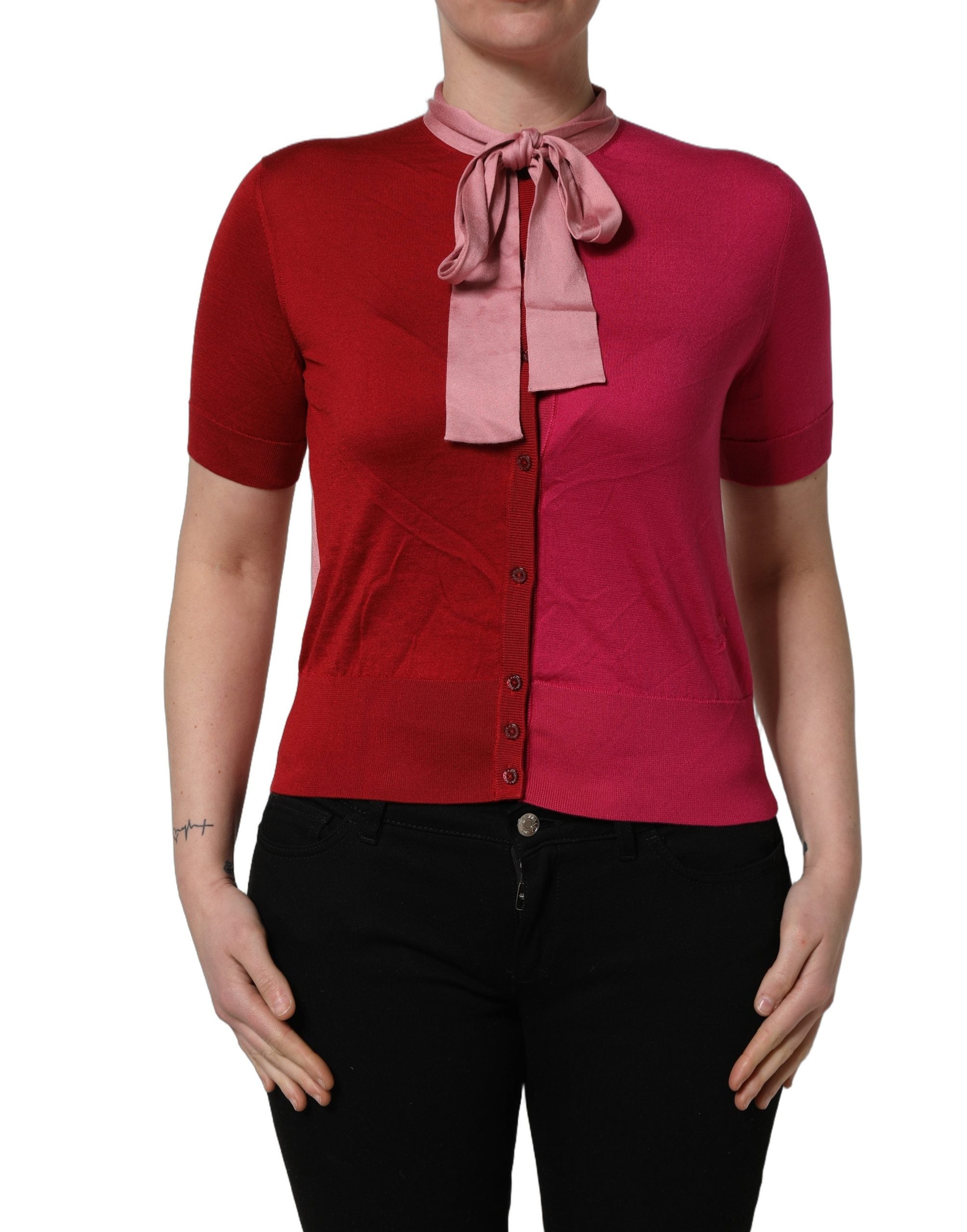 Dolce & Gabbana Pink Short Sleeves Buttoned Ascot Collar Top