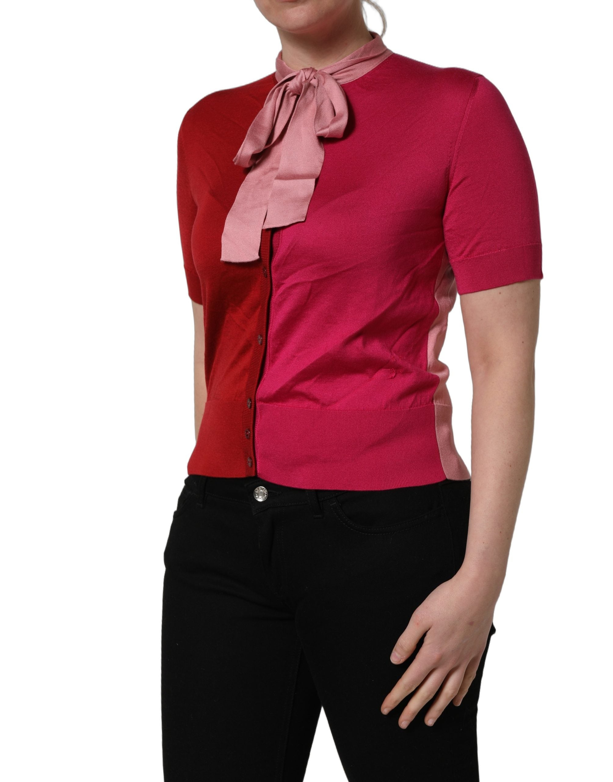 Dolce & Gabbana Pink Short Sleeves Buttoned Ascot Collar Top