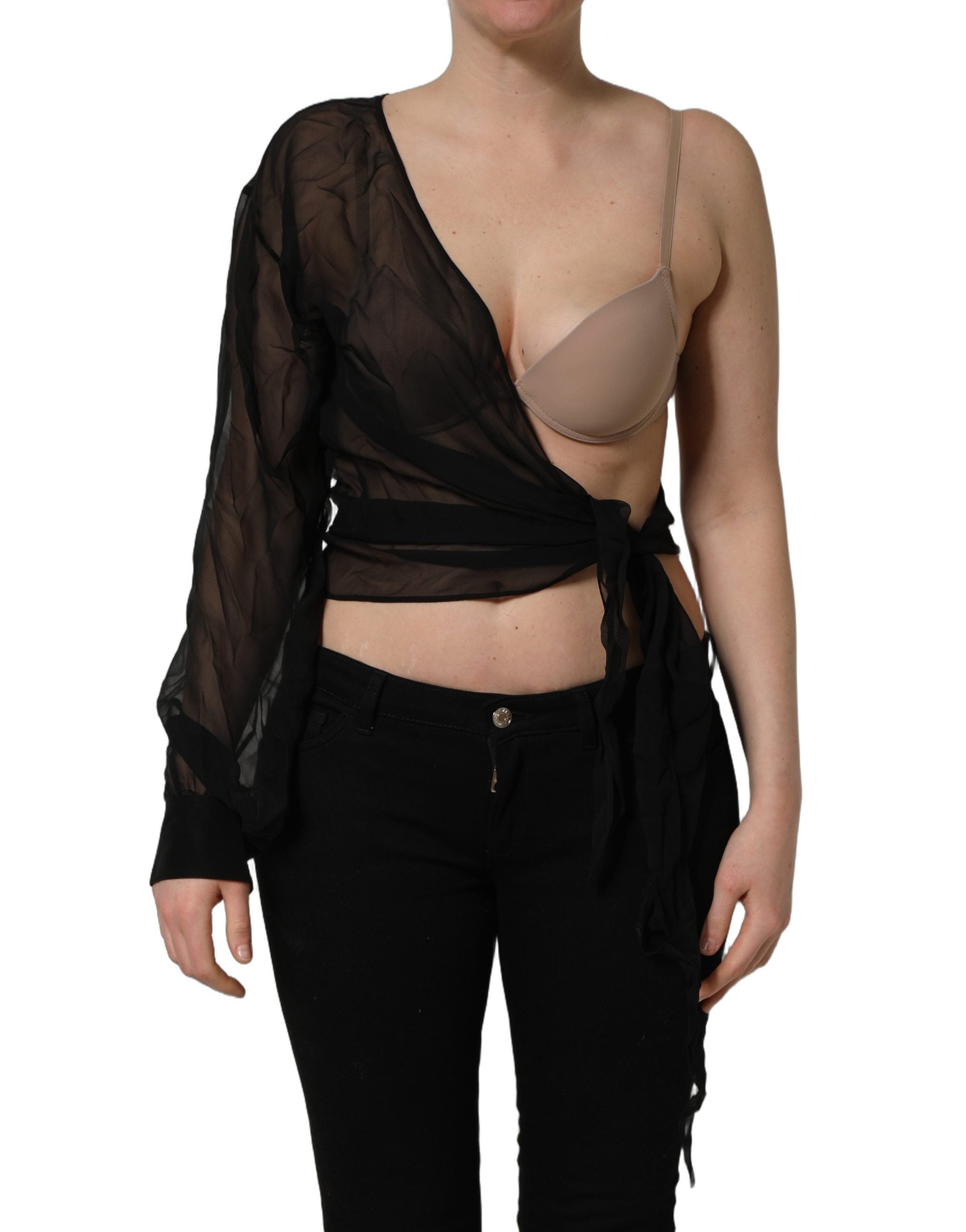 Dolce & Gabbana Black Wrap Sheer Chiffon One Shoulder Top