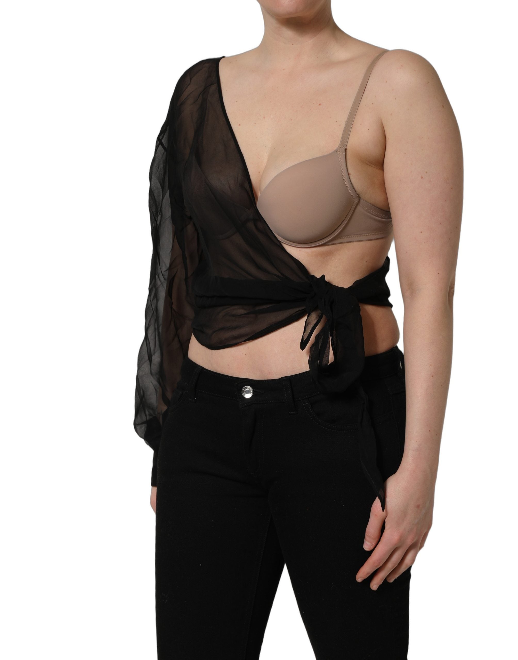 Dolce & Gabbana Black Wrap Sheer Chiffon One Shoulder Top